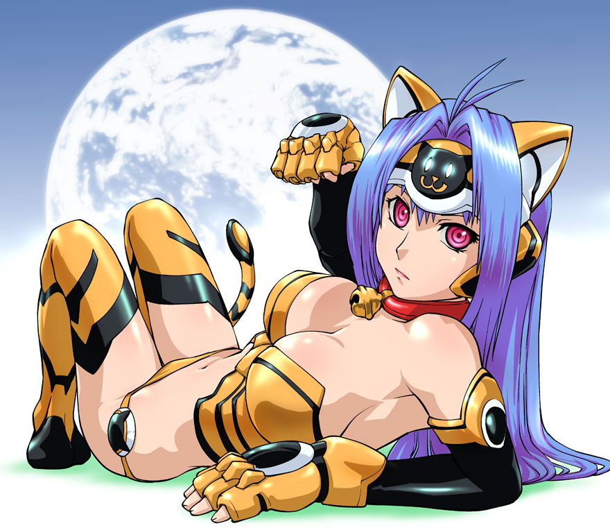 ueyama michirou, kos-mos, xenosaga, 00s, 1girl, :3, android, animal ears, animal hands, bell, bikini, bikini bottom only, blue hair, breasts, cat, cat ears, cat tail, cleavage, collar, earth (planet), elbow gloves, female focus, full moon, gloves, jingle bell, long hair, lying, moon, neck bell, on back, pink eyes, planet, solo, strapless, swimsuit, tail, thighhighs, tube top