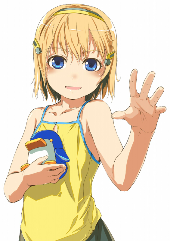 sody, pepen, rei (cosmic break), cosmic break, 1girl, bird, bird on hand, blonde hair, blue eyes, blush, camisole, child, female focus, flat chest, hairband, penguin, short hair, smile, solo, waving