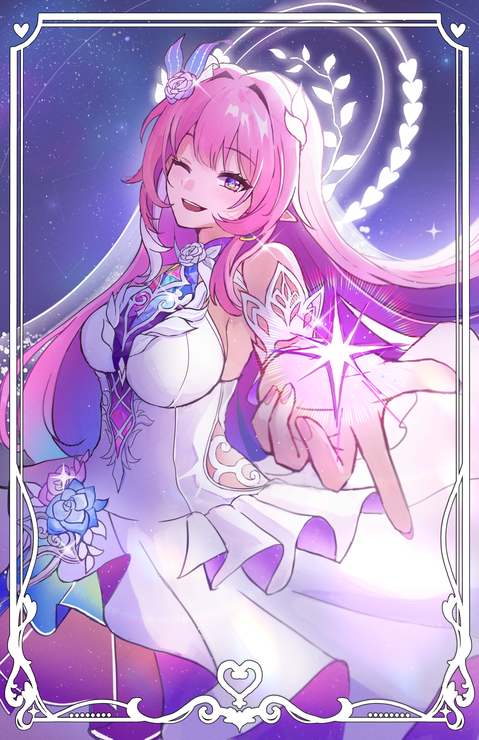 kato yuurina, cyrene (honkai: star rail), cyrene (ripples of past reverie) (honkai: star rail), honkai: star rail, honkai (series), absurdres, commentary, highres, 1girl, bare shoulders, breasts, cowboy shot, dress, earrings, fingernails, flower, hair flower, hair ornament, halo, jewelry, large breasts, long hair, looking at viewer, one eye closed, open mouth, pink hair, pointy ears, purple flower, purple rose, rose, smile, solo, white dress