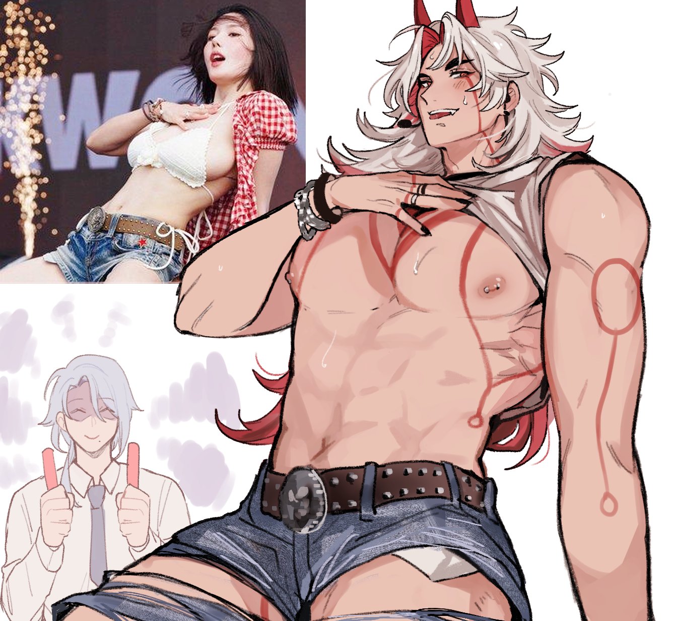 singtou, arataki itto, kamisato ayato, kwon eun-bi, genshin impact, real life, commentary request, highres, photo-referenced, 2boys, ^ ^, abs, belt, belt buckle, black nails, blue hair, blue necktie, blue shorts, blush, bodypaint, bracelet, brown belt, buckle, closed eyes, closed mouth, clothes lift, collared shirt, cutoffs, denim, denim shorts, facepaint, fang, fingernails, glowstick, gradient hair, hand up, hands up, headset, holding, holding glowstick, horns, jewelry, large pectorals, long fingernails, long hair, long sleeves, looking at viewer, male focus, medium hair, microphone, mole, mole under mouth, multicolored hair, multiple boys, muscular, muscular male, navel, necktie, nipple piercing, nipples, oni, open mouth, parted bangs, pectorals, photo inset, piercing, red eyes, red hair, red horns, reference inset, shirt, shirt lift, shorts, simple background, sleeveless, sleeveless shirt, smile, stomach, studded belt, sweat, teeth, thai commentary, thick eyebrows, tongue, tongue out, upper teeth only, white background, white hair, white shirt