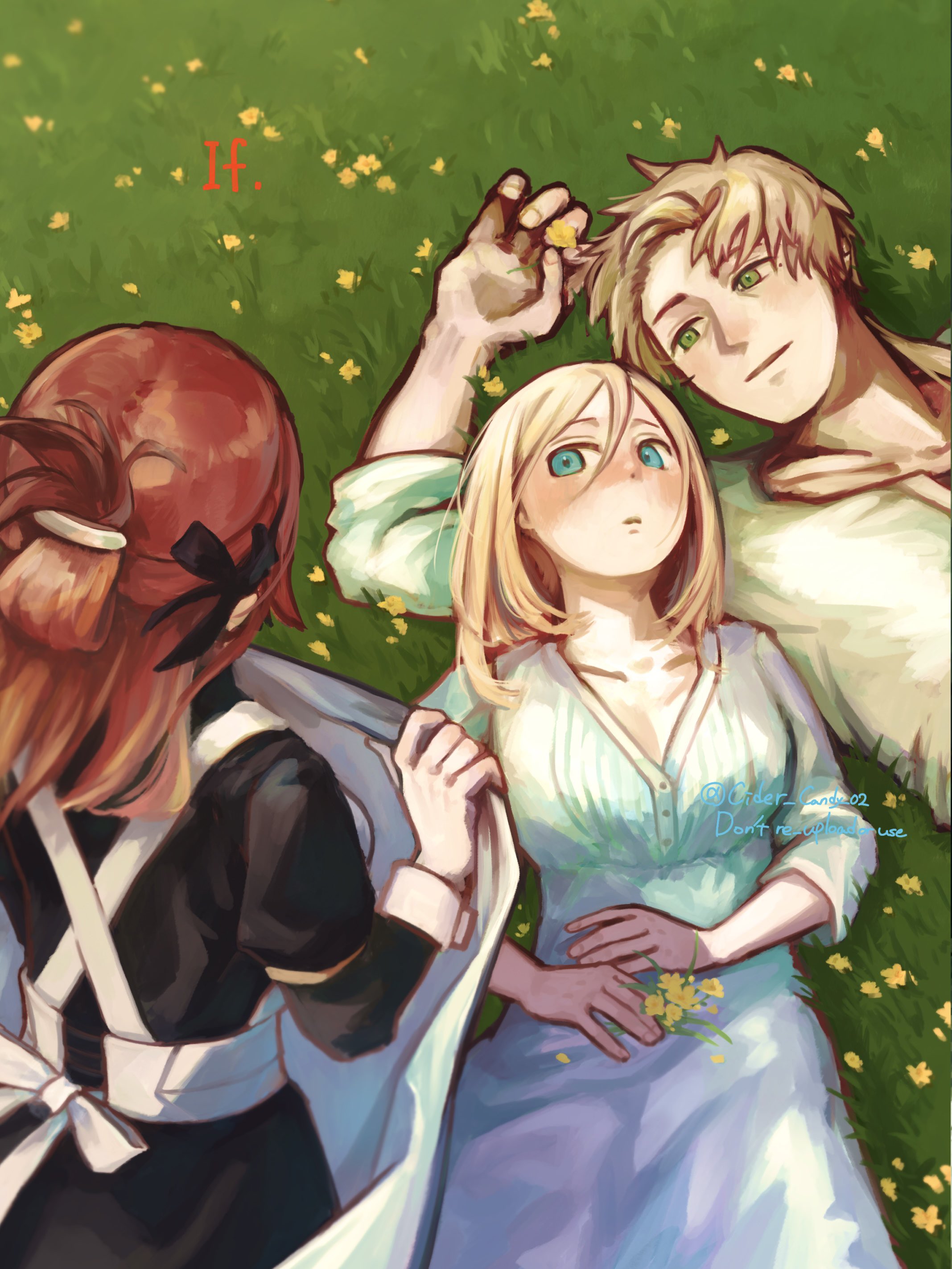 lillia greyrat, paul greyrat, zenith greyrat, mushoku tensei, absurdres, highres, 1boy, 2girls, black bow, blanket, blonde hair, blue eyes, bow, brown hair, cider candy 02, flower, green eyes, hair ornament, holding, holding blanket, husband and wives, lying, maid, mole, mole under eye, multiple girls, on back, on grass, red hair, yellow flower