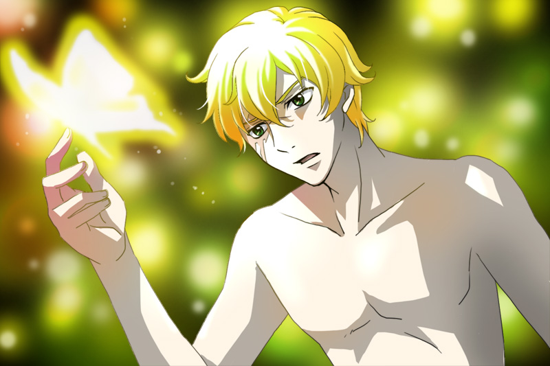 graham aker, gundam, gundam 00, 1boy, bug, butterfly, male focus, parody, solo, topless male