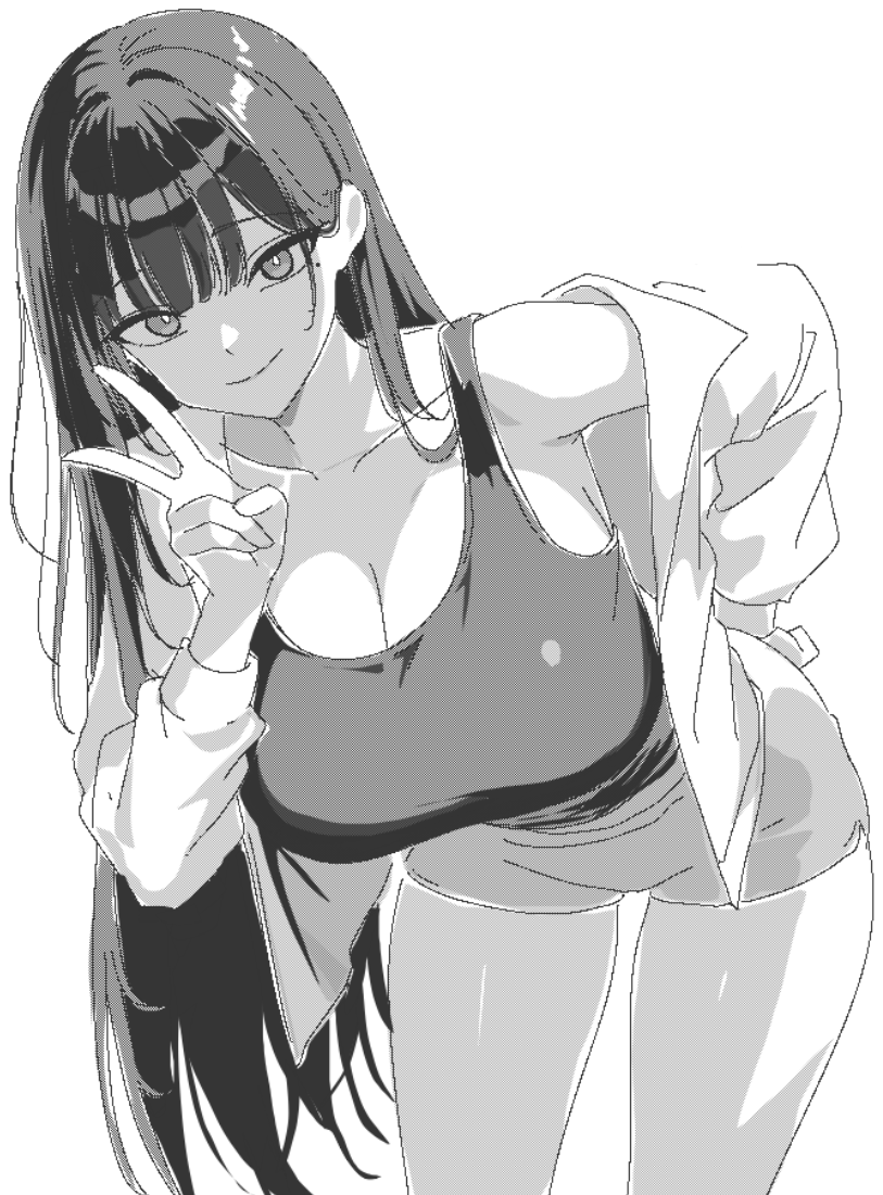 marheit, im-dana, beautiful gunbari, commentary request, 1girl, black hair, black tank top, breasts, cleavage, collarbone, collared shirt, grey eyes, grey shorts, hair between eyes, hand on own hip, large breasts, leaning forward, legs, long hair, long sleeves, looking at viewer, monochrome, open clothes, open shirt, shirt, short shorts, shorts, simple background, sketch, smile, solo, tank top, thighs, v, very long hair, white background, white shirt