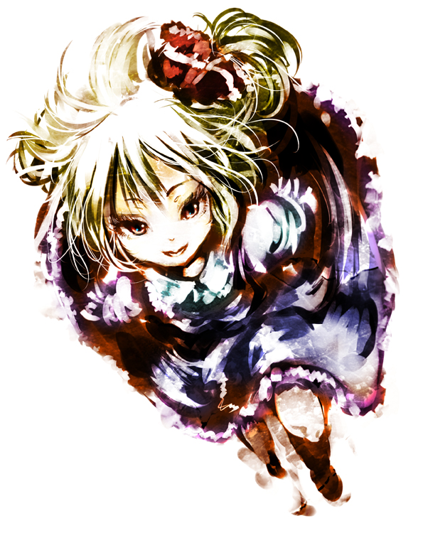 yae (mono110), rumia, embodiment of scarlet devil, touhou, bad id, bad pixiv id, 1girl, blonde hair, female focus, full body, red eyes, ribbon, solo, white background