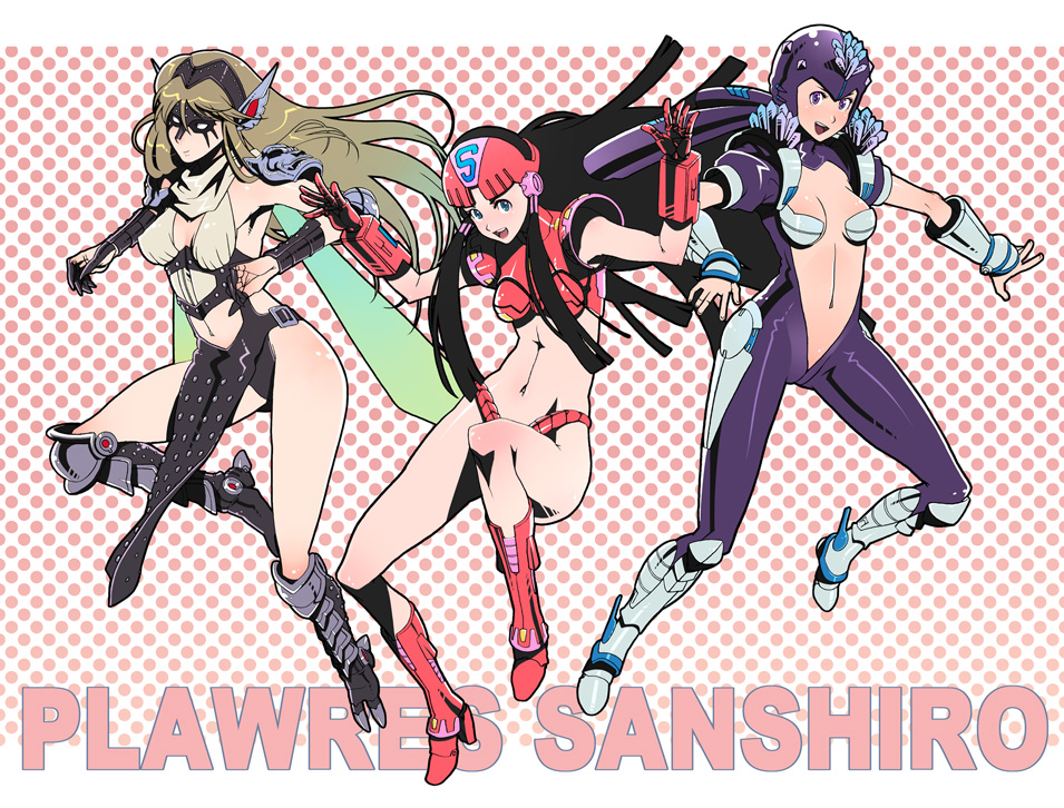 g-room honten, la llorona, leanan sidhe (plawres sanshirou), sakura hime, sakurahime, plawres sanshirou, 3girls, black hair, bodysuit, boots, breasts, brown hair, center opening, copyright name, gloves, happy, legs, long hair, looking at viewer, medium breasts, midriff, multiple girls, no bra, revealing clothes, smile, text focus