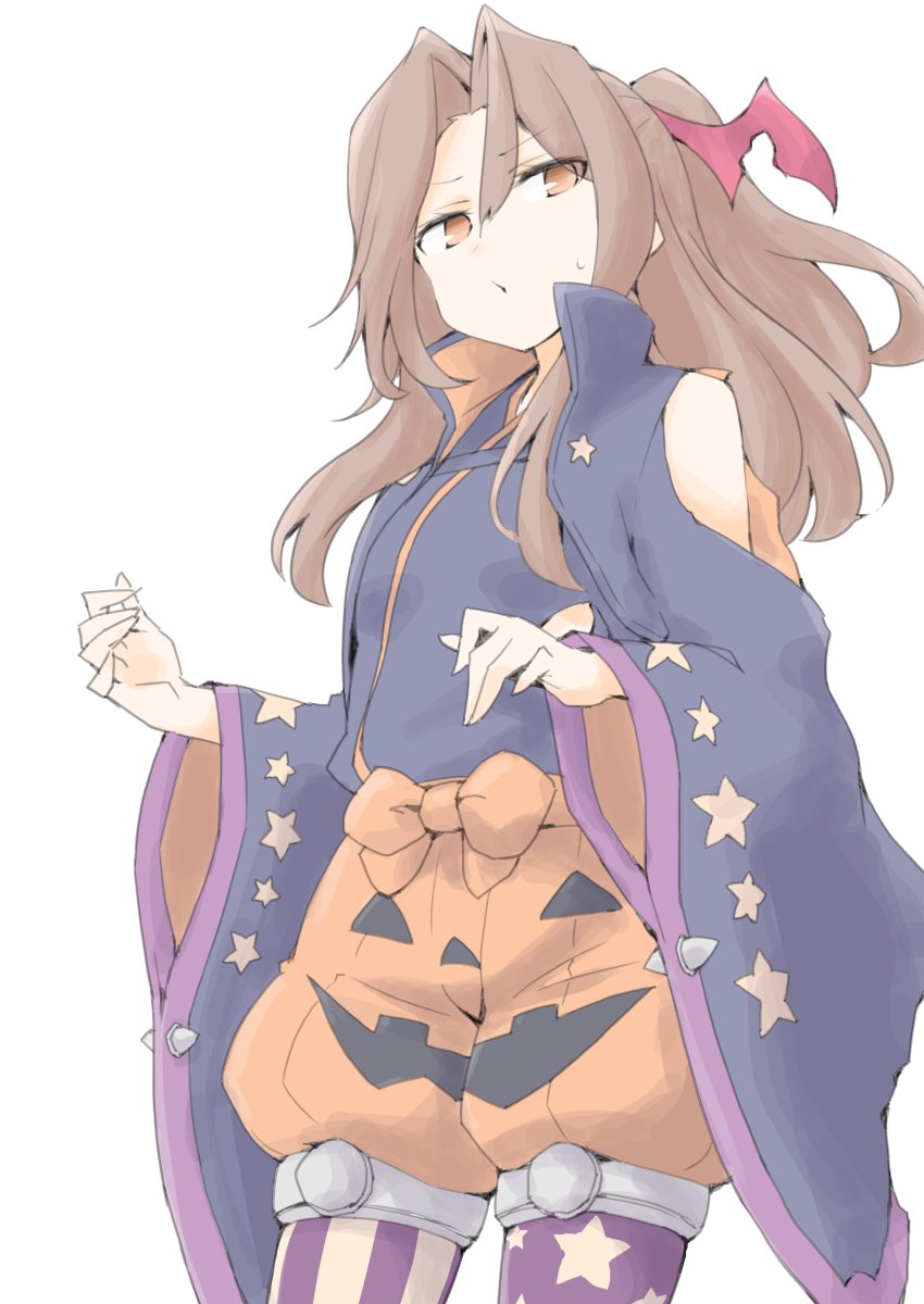 akara kai, zuihou (halloween) (kancolle), zuihou (kancolle), kantai collection, highres, 1girl, asymmetrical legwear, bat wings, black jacket, black ribbon, black shirt, brown eyes, brown hair, cowboy shot, hair between eyes, hair ornament, halloween costume, high ponytail, jack-o'-lantern print, jacket, long hair, long sleeves, looking at viewer, mismatched legwear, official alternate costume, orange shorts, pantyhose, ponytail, pumpkin shorts, purple pantyhose, ribbon, shirt, shorts, solo, white background, wing hair ornament, wings