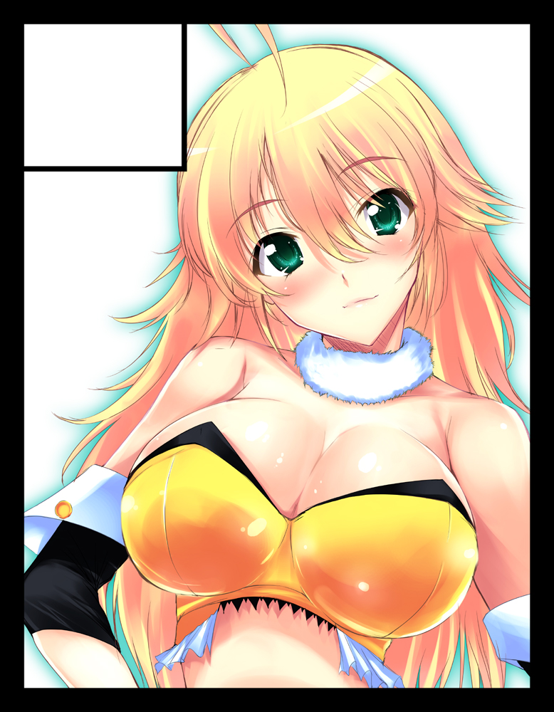 noto kurumi, hoshii miki, idolmaster, idolmaster (classic), idolmaster 1, bad id, bad pixiv id, 00s, 1girl, black border, blonde hair, blush, border, breasts, circle cut, cleavage, female focus, green eyes, huge breasts, large breasts, long hair, smile, solo