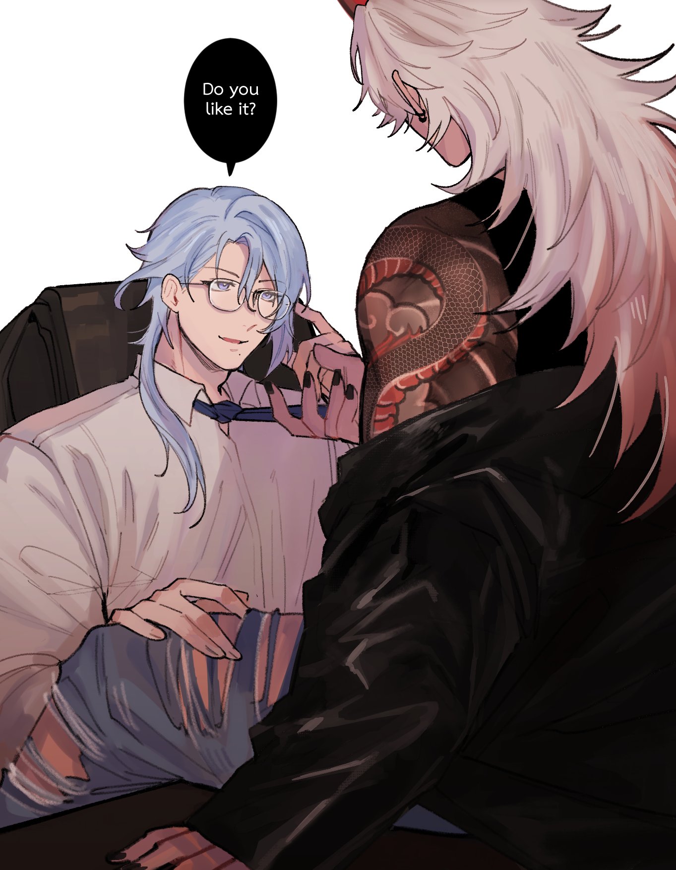 singtou, arataki itto, kamisato ayato, genshin impact, commentary request, highres, 2boys, arm tattoo, black jacket, black nails, black tank top, blue hair, blue necktie, blue pants, clothes grab, collared shirt, denim, dragon tattoo, earrings, english text, facing away, fingernails, glasses, gradient hair, hair between eyes, hair over shoulder, horns, jacket, jeans, jewelry, leather, leather jacket, long hair, long sleeves, looking at another, looking down, male focus, medium hair, mole, mole under mouth, multicolored hair, multiple boys, necktie, necktie grab, neckwear grab, off shoulder, oni, open mouth, pants, parted bangs, pointy ears, purple eyes, red hair, red horns, shirt, shoulder tattoo, simple background, sitting, sitting on lap, sitting on person, smile, speech bubble, tank top, tattoo, thai commentary, torn clothes, torn pants, white background, white hair, white shirt, wing collar, yaoi