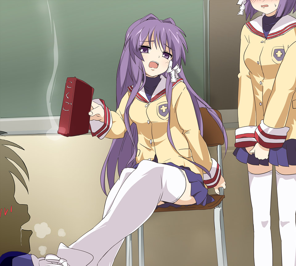 ixy, fujibayashi kyou, fujibayashi ryou, clannad, 00s, 2girls, blush, book, chair, chalkboard, feet, head tilt, long hair, multiple girls, purple hair, school uniform, siblings, sisters, skirt, thighhighs, twins, white thighhighs, zettai ryouiki