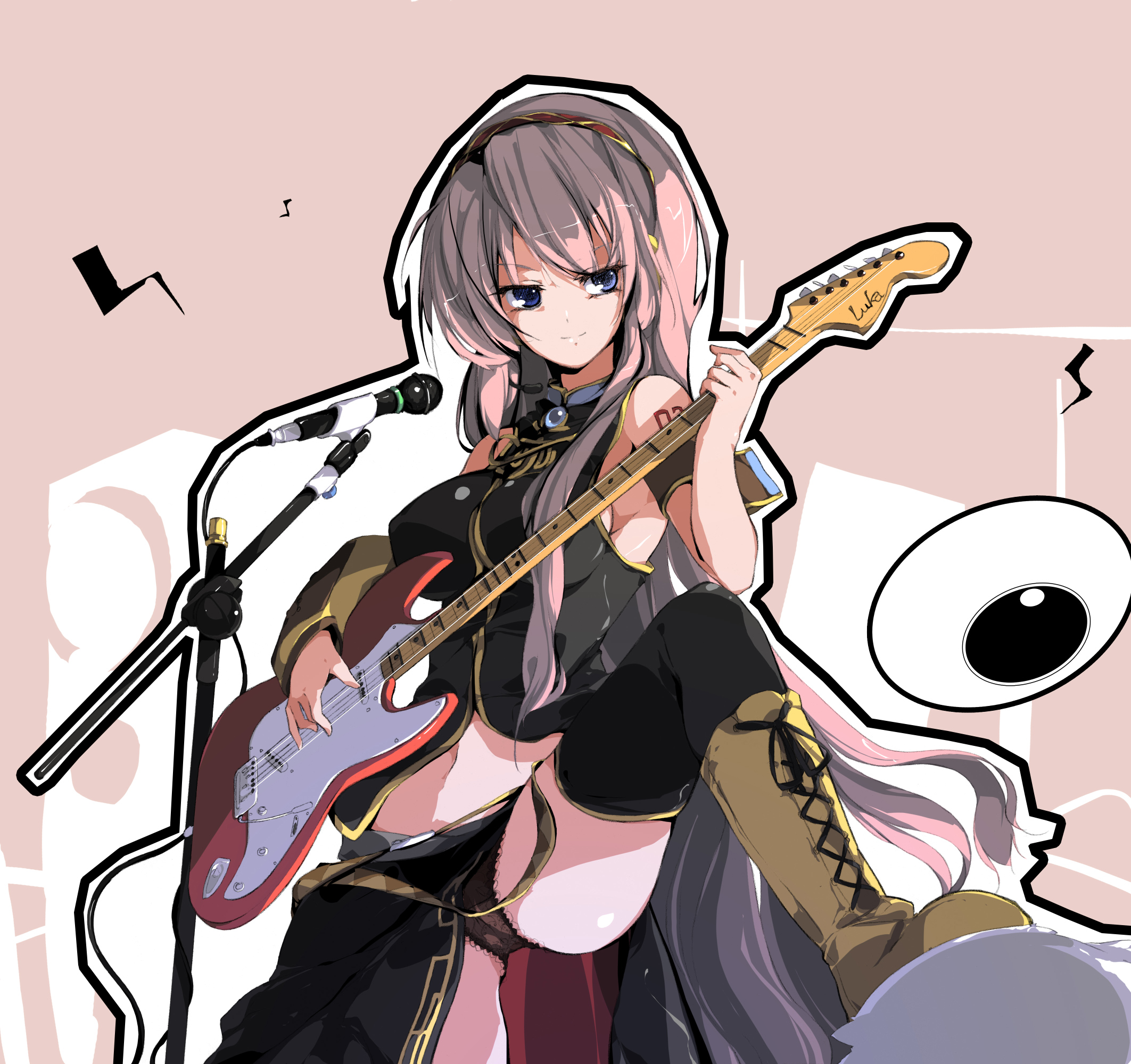 sakura sora, megurine luka, vocaloid, bad id, bad pixiv id, highres, 1girl, belt, black panties, blue eyes, boots, female focus, guitar, headband, instrument, knee boots, long hair, microphone, microphone stand, panties, pantyshot, pink hair, shirt, sleeveless, sleeveless shirt, solo, thighhighs, underwear, very long hair