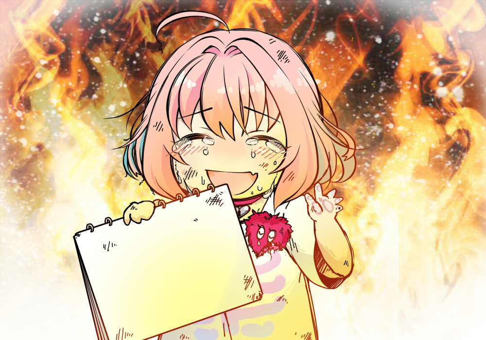 yumemi riamu, idolmaster, idolmaster cinderella girls, idolmaster cinderella girls starlight stage, itsuka furu yuki, commentary request, textless version, 1girl, blush, closed eyes, collar, crying, facing viewer, fang, fire, haichu (user ayev2425), holding, holding notepad, light particles, messy hair, notepad, open mouth, parody, peril, pink hair, sad, sad smile, shirt, short hair, skin fang, solo, template, upper body, waving, white shirt
