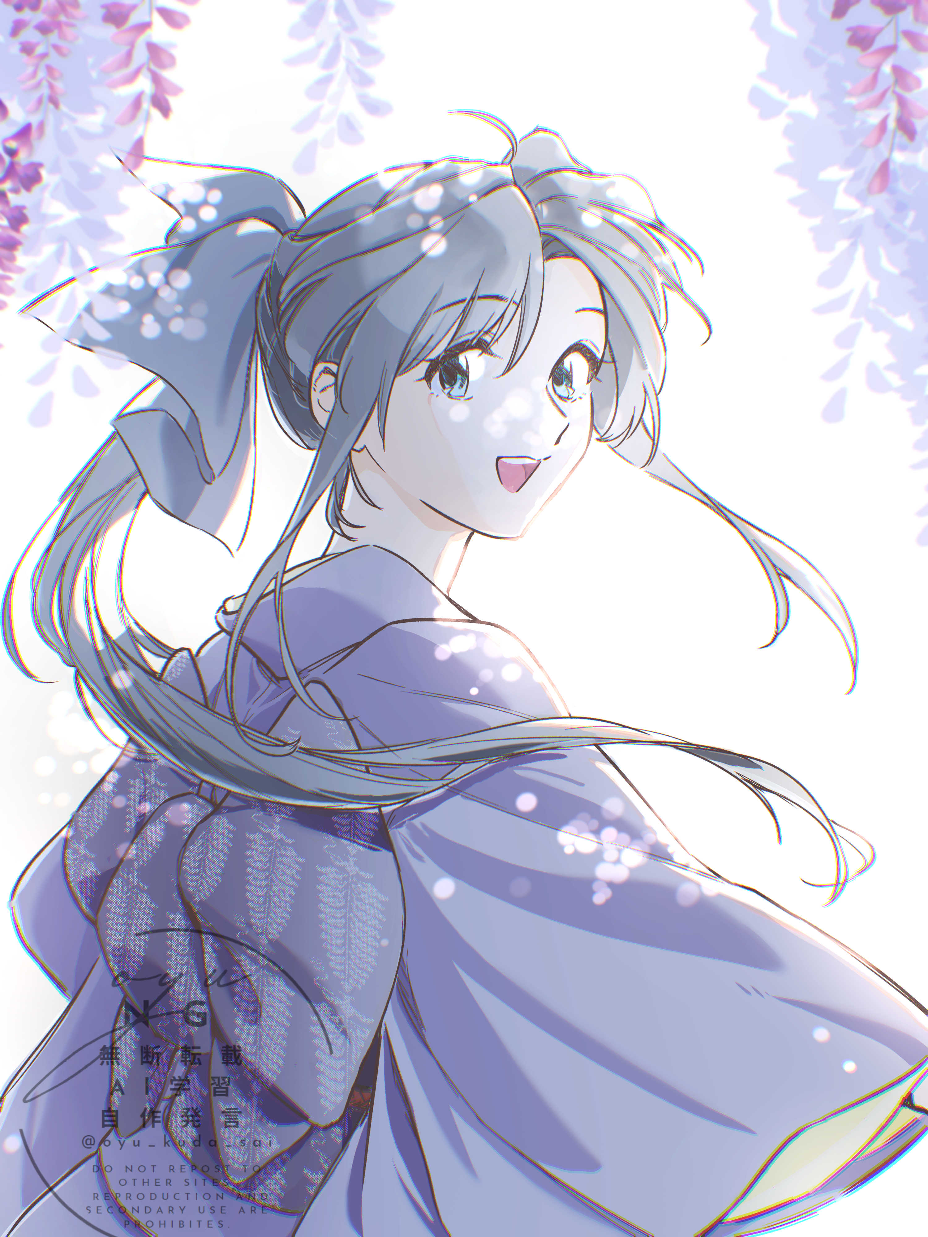 oyu kuda sai, kamiya kaoru, rurouni kenshin, absurdres, commentary request, highres, 1girl, back bow, black hair, blue eyes, blue kimono, blue ribbon, bow, branch, floating hair, flower, from behind, hair ribbon, high ponytail, japanese clothes, kimono, light particles, long hair, looking at viewer, looking back, open mouth, parted bangs, ponytail, ribbon, sash, smile, solo, teeth, upper body, upper teeth only, wide sleeves