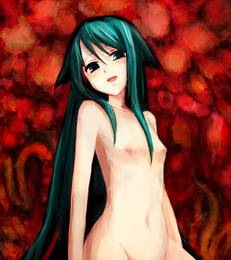 riinu (ir-n), saya (saya no uta), saya no uta, 1girl, breasts, female focus, flat chest, green eyes, green hair, long hair, matching hair/eyes, nipples, nude, small breasts, solo