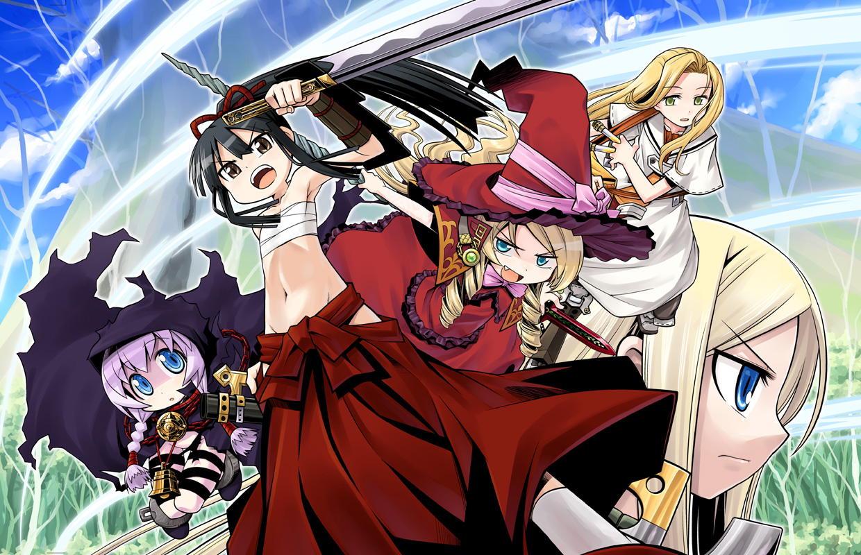 minami juujisei, bushidou (sekaiju), bushidou 2 (sekaiju), curse maker, curse maker 2, doctor magus, doctor magus 4, medic (sekaiju), medic 4 (sekaiju), paladin (sekaiju), paladin 2 (sekaiju), atlus, etrian odyssey, 5girls, :d, :o, angry, armor, armpits, bare shoulders, bell, black hair, blonde hair, blue eyes, bow, braid, brown eyes, chain, cloak, close-up, clothing cutout, cloud, cowbell, cuffs, day, dress, drill hair, everyone, fang, fantasy, fighting stance, flat chest, frills, frown, gem, grass, green eyes, groin, hakama, hakama skirt, hat, hip vent, holding, hood, japanese clothes, jewelry, katana, long hair, looking at viewer, lowleg, midriff, multiple girls, nature, navel, no panties, no shirt, open mouth, outdoors, pink bow, polearm, ponytail, profile, purple hair, red hakama, rope, sailor dress, samurai, sarashi, sheath, side slit, sidelocks, skirt, sky, smile, socks, spear, staff, standing, swept bangs, sword, test tube, torn clothes, tree, twin braids, weapon, wind, witch hat