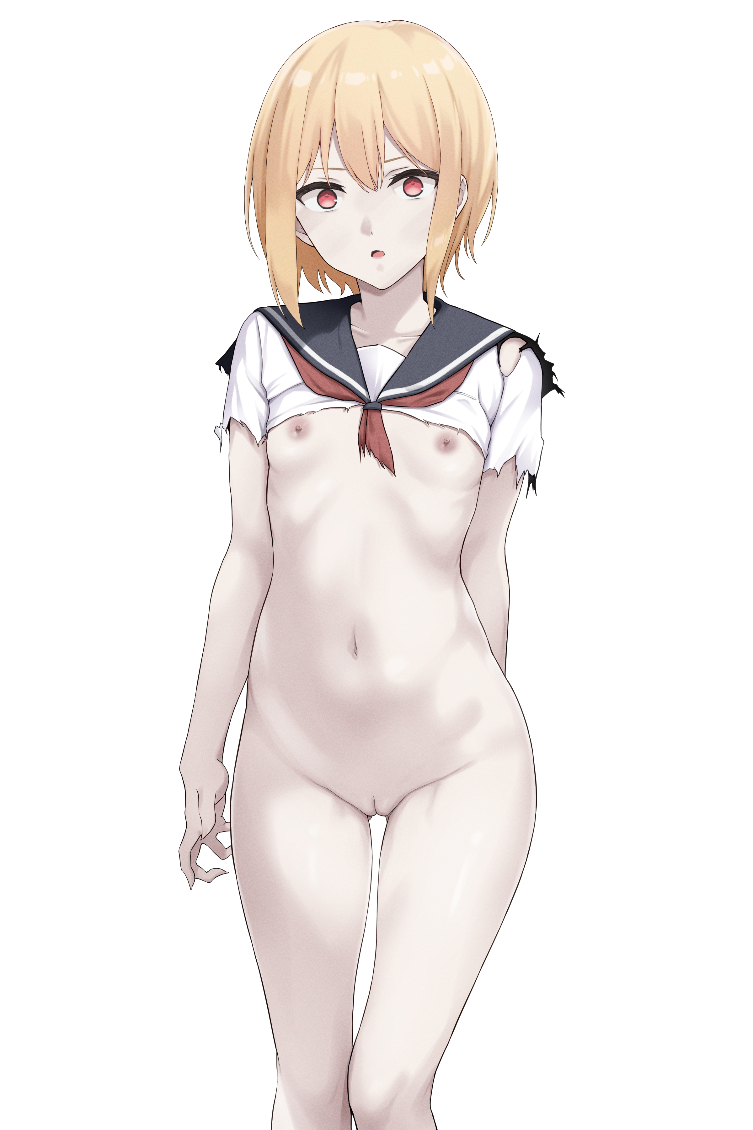 migita (hirayuaki), original, absurdres, commentary request, highres, 1girl, arms at sides, black sailor collar, blonde hair, breasts, cleft of venus, collarbone, feet out of frame, navel, neckerchief, nipples, open mouth, pussy, red eyes, red neckerchief, sailor collar, school uniform, shirt, short hair, simple background, small breasts, solo, standing, stomach, straight-on, torn clothes, torn neckerchief, torn shirt, uncensored, white background, white shirt