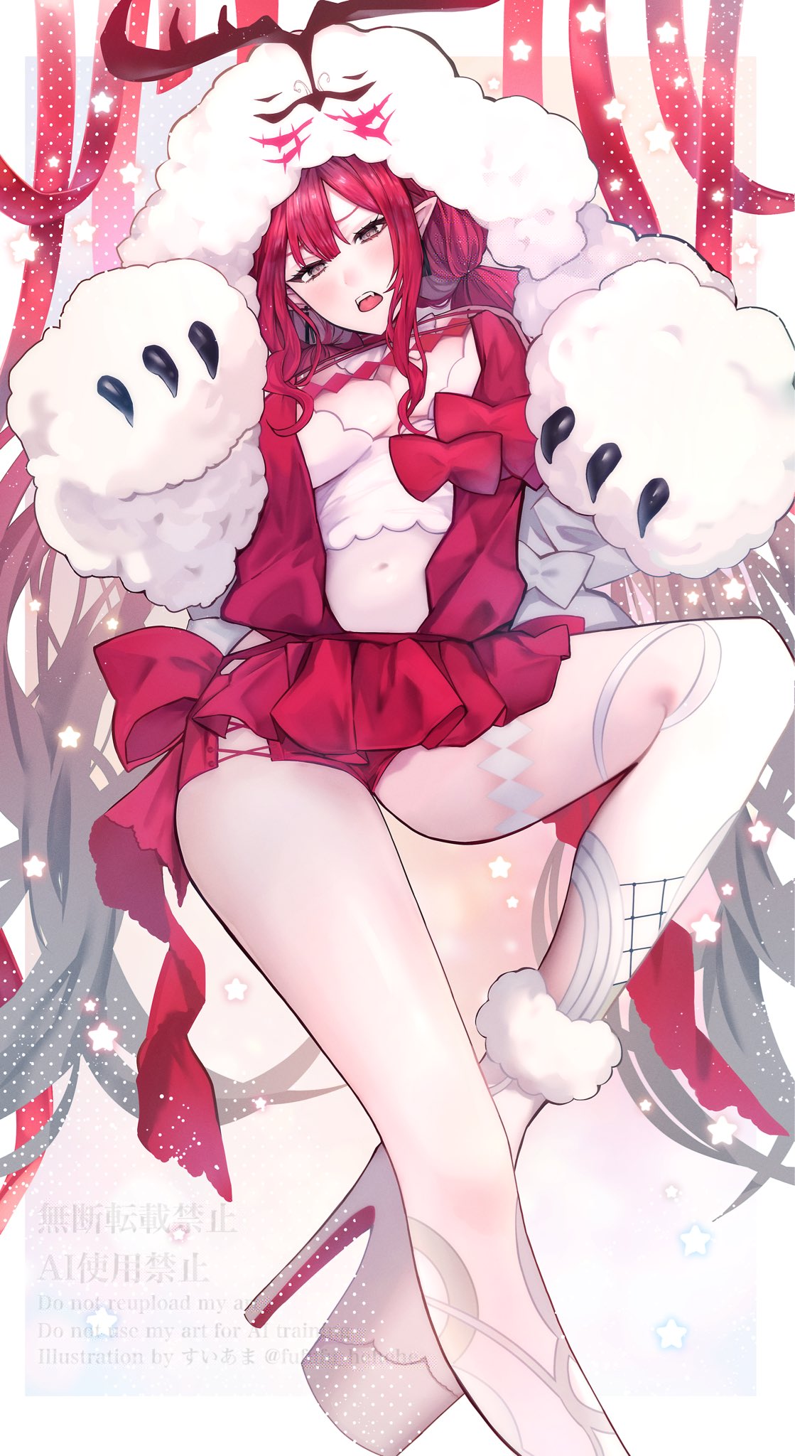 fufufu hehehe, baobhan sith (fate), baobhan sith (swimsuit pretender) (first ascension) (fate), cernunnos (fate), fate/grand order, fate (series), highres, revision, 1girl, breasts, character hood, detached collar, earrings, fangs, grey eyes, headwear with attached mittens, jewelry, long hair, looking at viewer, navel, open mouth, pink hair, pink skirt, platform heels, sidelocks, skirt, solo