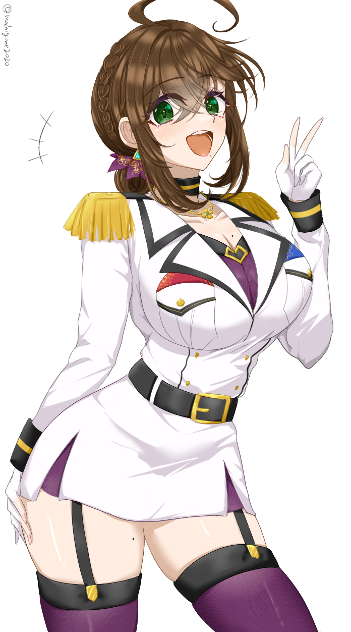 chamumi (mochiumee), female admiral (kancolle), kantai collection, highres, 1girl, ahoge, black choker, blush, breast pocket, breasts, brown hair, choker, epaulettes, folded ponytail, garter belt, gloves, green eyes, hand on own hip, jacket, jewelry, large breasts, looking at viewer, military jacket, miniskirt, mole, mole on breast, mole under mouth, necklace, open mouth, pencil skirt, pocket, simple background, skirt, smile, solo, thighhighs, v, white background, white gloves, white jacket