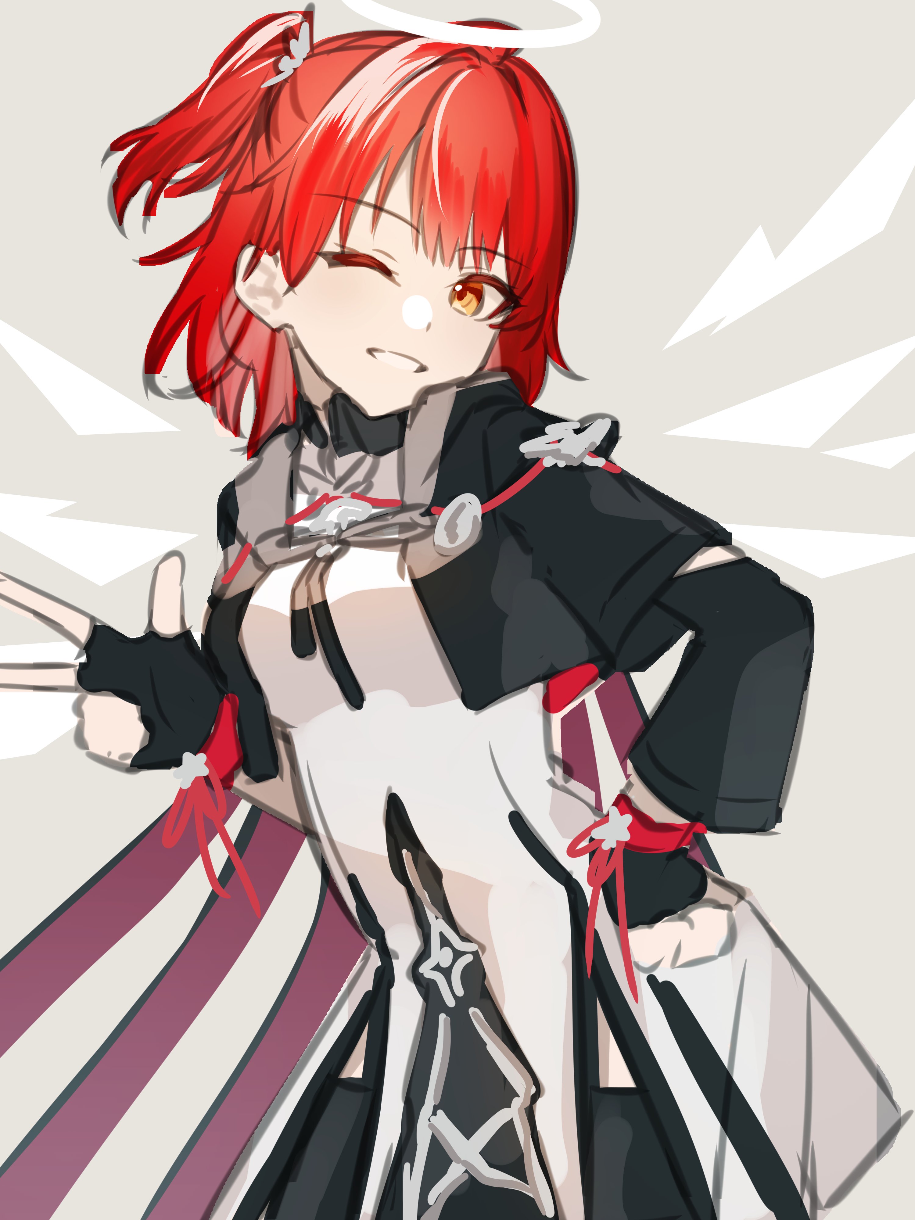 nishimiya aki, exusiai (arknights), exusiai the new covenant (arknights), arknights, absurdres, commentary request, highres, 1girl, black gloves, black jacket, breasts, cowboy shot, detached wings, energy wings, fingerless gloves, gloves, halo, hand up, jacket, looking at viewer, medium hair, one eye closed, one side up, orange eyes, red hair, shirt, smile, solo, three-finger salute, traditional halo, white halo, white shirt, wings