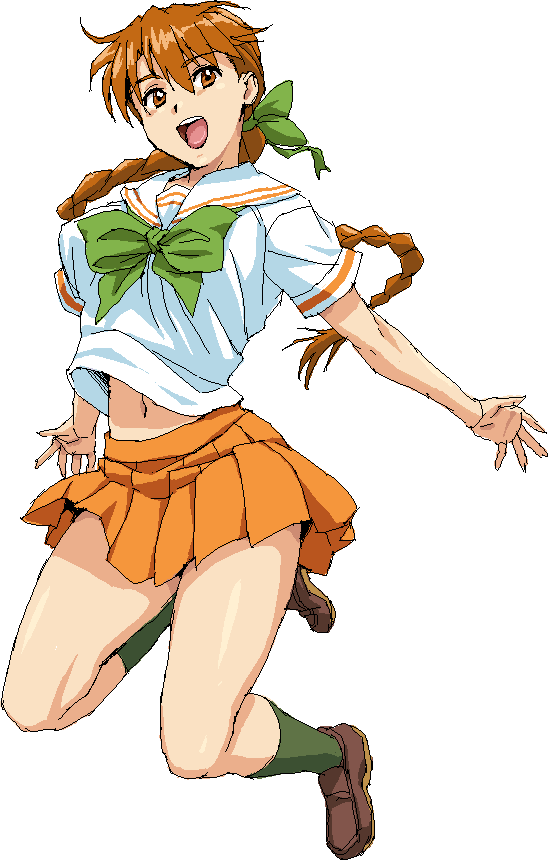 nigou, 1girl, :o, bow, braid, brown eyes, brown hair, female focus, green socks, happy, jumping, kneehighs, loafers, long hair, midriff, oekaki, open mouth, orange skirt, pleated skirt, ribbon, school uniform, serafuku, shoes, skirt, socks, solo, twin braids, twintails