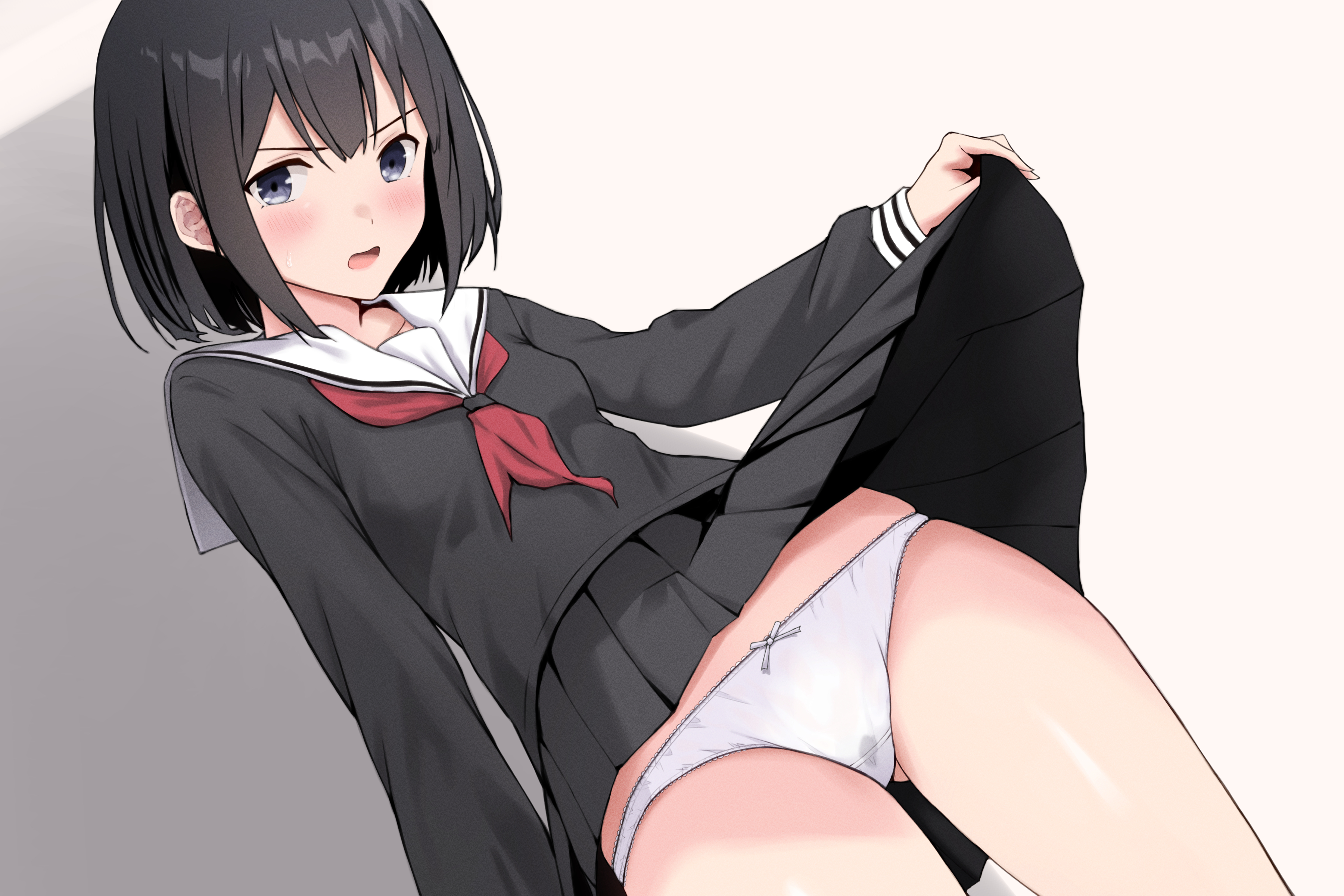 migita (hirayuaki), original, absurdres, commentary request, highres, 1girl, black hair, black serafuku, black shirt, black skirt, blush, bow, bow panties, clothes lift, cowboy shot, crotch seam, double-parted bangs, dutch angle, grey background, grey eyes, lifting own clothes, long hair, long sleeves, looking at viewer, neckerchief, open mouth, panties, picot trim panties, pleated skirt, pussy juice stain, red neckerchief, sailor collar, school uniform, serafuku, shadow, shirt, short hair, simple background, skirt, skirt lift, solo, stained panties, standing, sweat, underwear, very long hair, white panties, white sailor collar