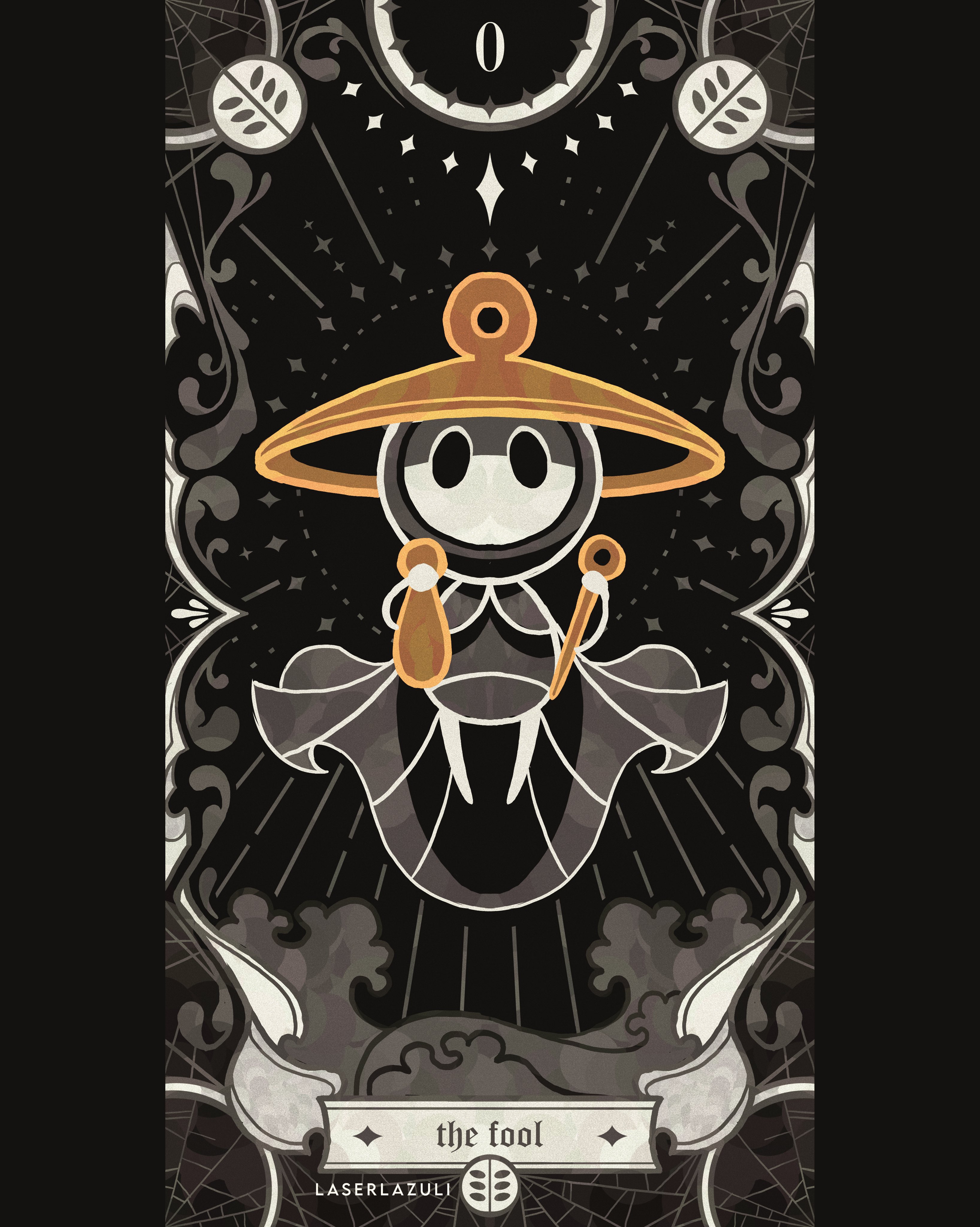 laserlazuli, sherma (hollow knight), hollow knight, hollow knight: silksong, absurdres, commentary, english commentary, highres, 1boy, arthropod boy, artist name, black eyes, black skin, cape, card (medium), cloak, colored skin, english text, facing viewer, full body, greyscale, hat, holding, holding instrument, hollow eyes, instrument, mask, monochrome, pillarboxed, silk, solo, spider web, spot color, tarot, tarot (medium), the fool (tarot)