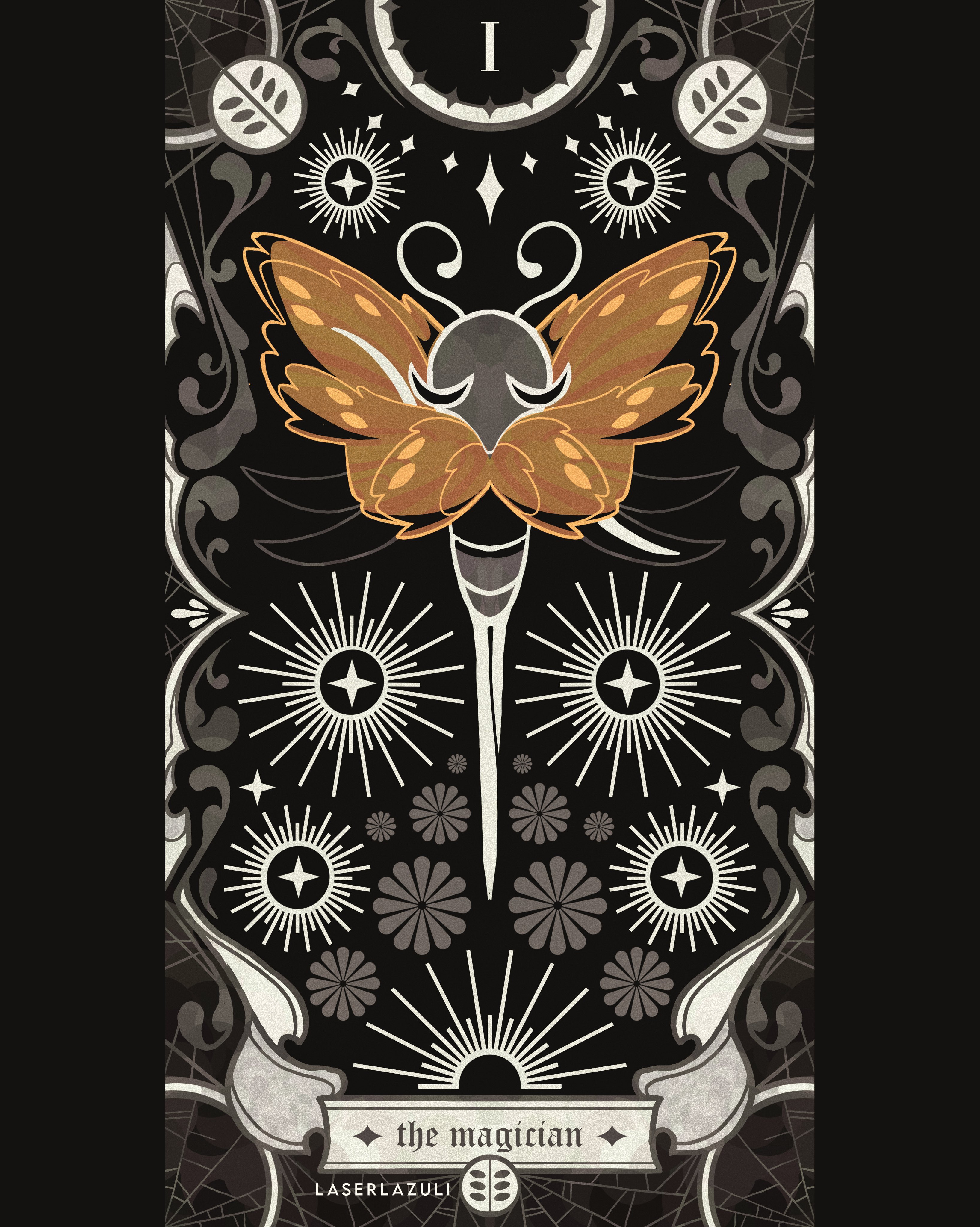 laserlazuli, trobbio (hollow knight), hollow knight, hollow knight: silksong, absurdres, commentary, english commentary, highres, 1boy, antennae, arthropod boy, artist name, black skin, card (medium), cloak, closed eyes, colored skin, english text, full body, mask, pillarboxed, silk, solo, spider web, spot color, tarot, tarot (medium), the magician (tarot)