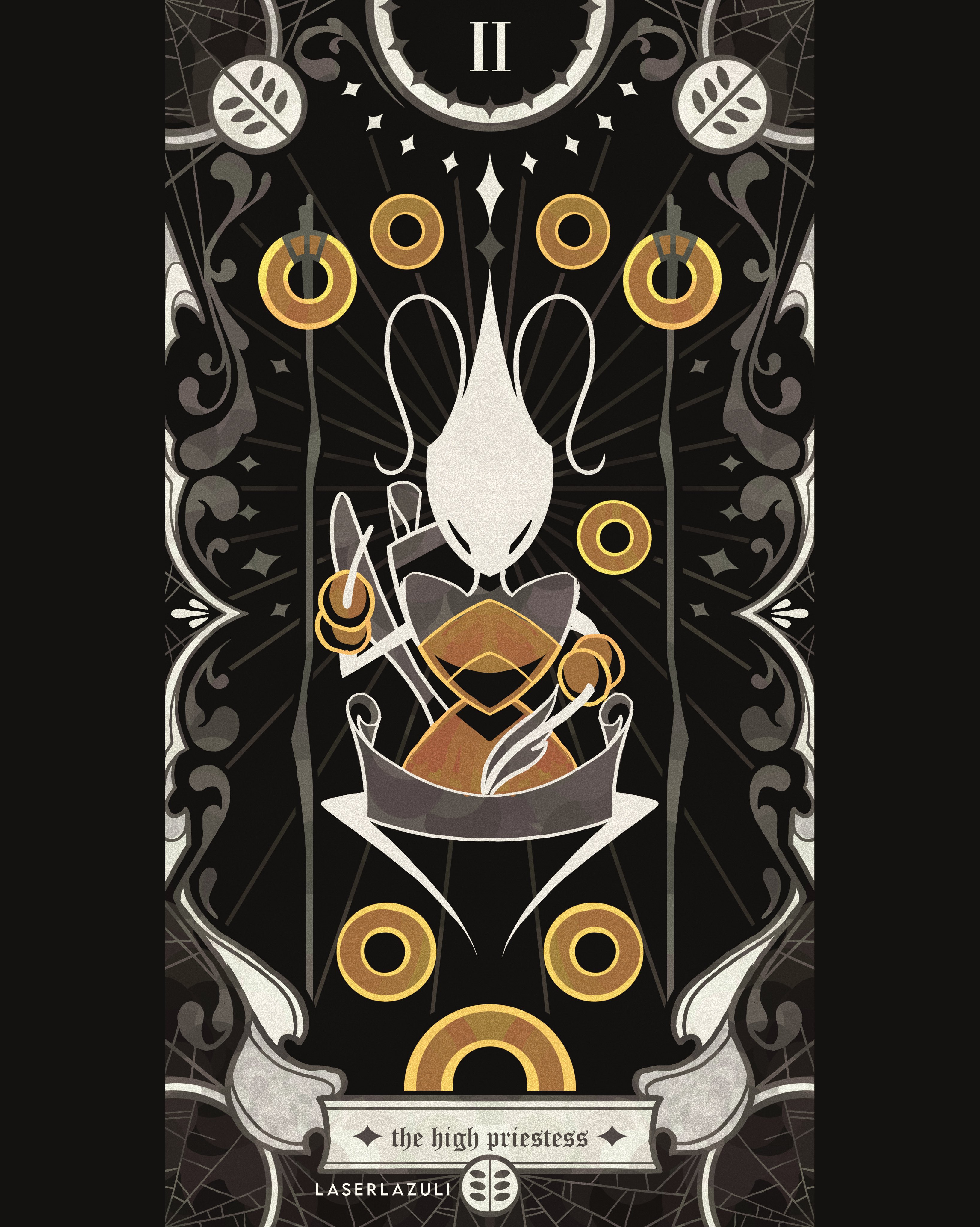 laserlazuli, shakra (hollow knight), hollow knight, hollow knight: silksong, absurdres, commentary, english commentary, highres, 1girl, antennae, arthropod girl, artist name, bracelet, card (medium), colored skin, english text, full body, gold ring, holding, holding map, holding quill, jewelry, map, pillarboxed, quill, ring, silk, solo, spider web, spot color, squatting, stick, tarot, tarot (medium), the high priestess (tarot), white mask