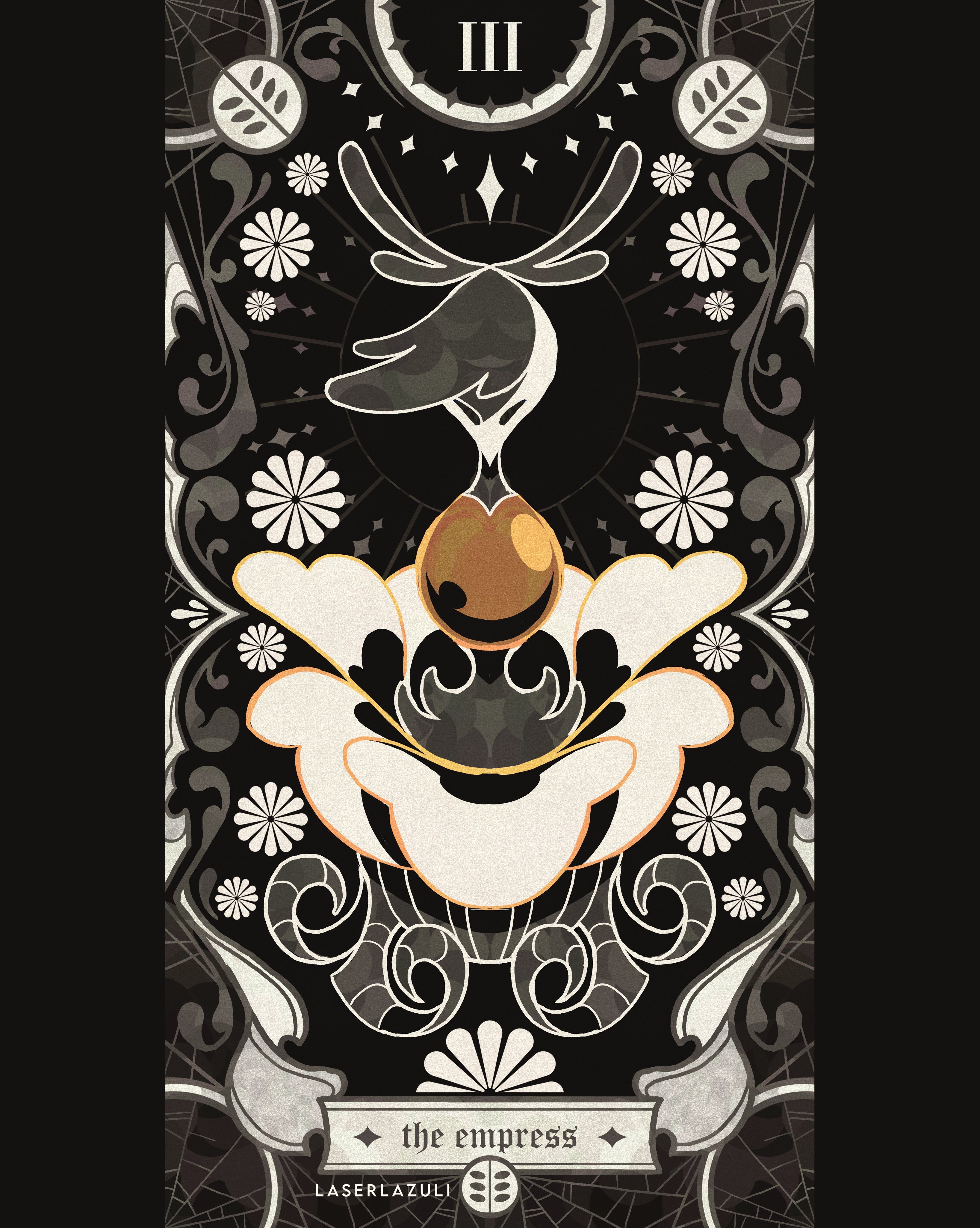 laserlazuli, hollow knight, hollow knight: silksong, absurdres, commentary, english commentary, highres, 1girl, antennae, artist name, card (medium), english text, flower, full body, mask, nyleth (hollow knight), petals, pillarboxed, plant roots, silk, solo, spider web, spot color, tarot, tarot (medium), the empress (tarot)