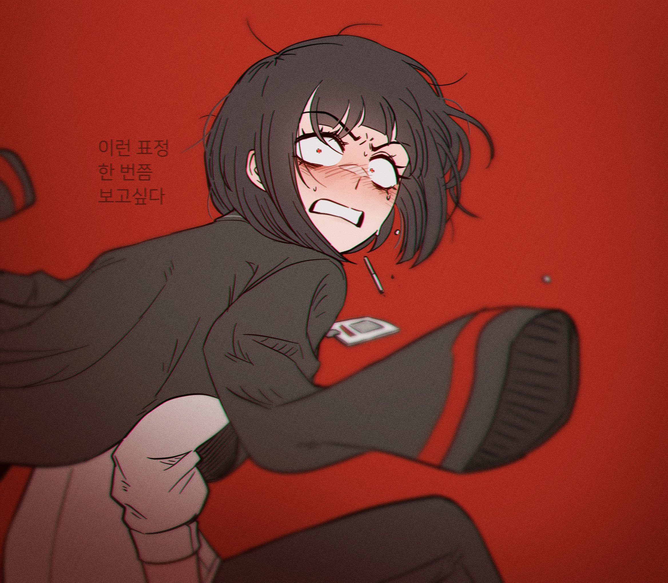 misg1111, ryoshu (project moon), limbus company, project moon, highres, translation request, 1girl, black hair, black jacket, black pants, blurry, blurry foreground, blush, bob cut, cigarette, constricted pupils, jacket, jacket on shoulders, korean text, lanyard, long sleeves, looking at viewer, looking back, messy hair, pants, red background, red eyes, shirt, short hair, simple background, solo, surprised, sweat, v-shaped eyebrows, white shirt