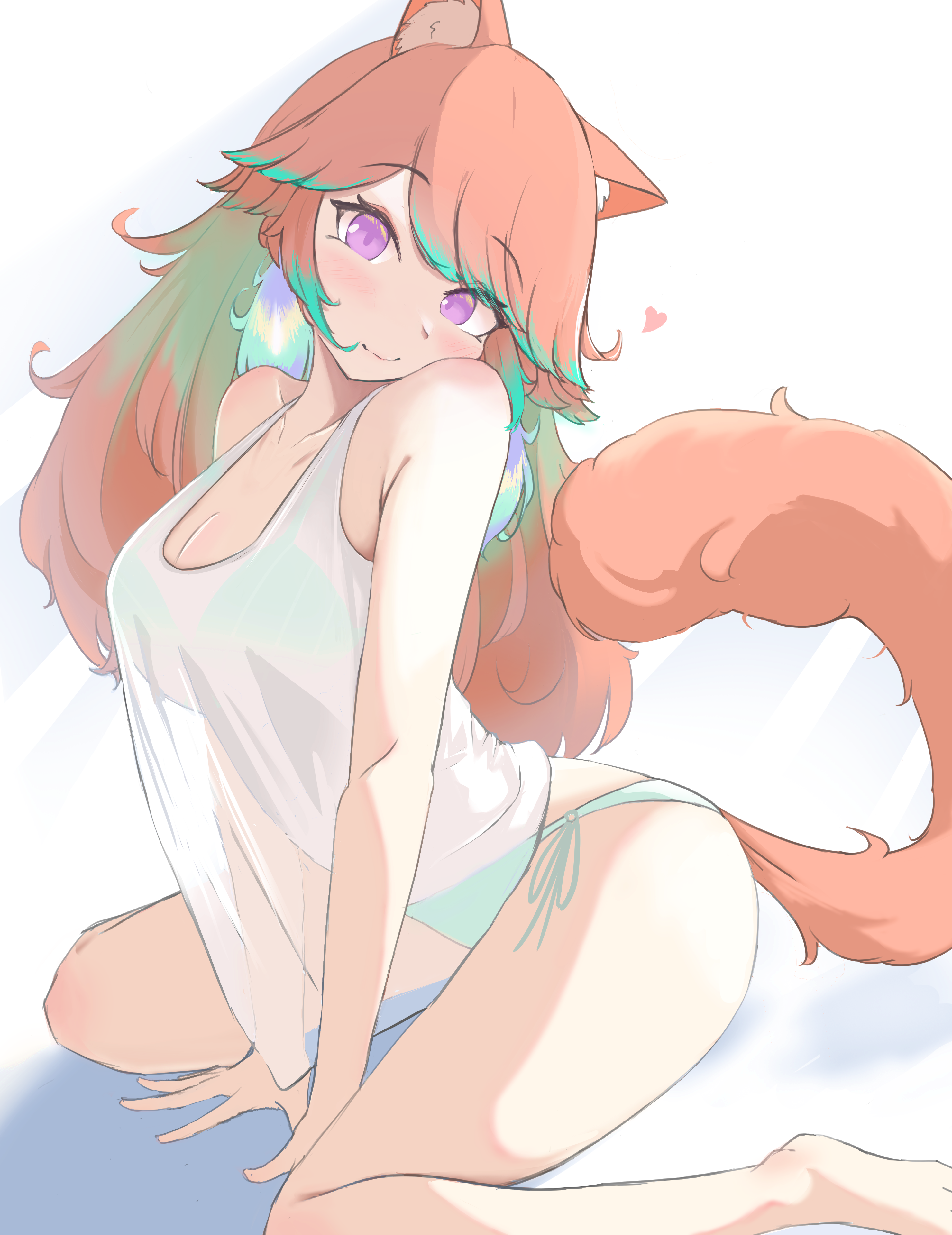 kearperry, takanashi kiara, takanashi kiara (casual), hololive, hololive english, absurdres, highres, 1girl, adapted costume, animal ears, bare arms, bare legs, bare shoulders, bikini, bikini under clothes, blush, breasts, cat ears, cat tail, cleavage, closed mouth, collarbone, curvy, earrings, feather earrings, feathers, green hair, halterneck, head tilt, jewelry, kemonomimi mode, large breasts, long hair, looking at viewer, multicolored hair, no pants, orange hair, purple eyes, see-through silhouette, shirt overhang, side-tie bikini bottom, simple background, sitting, smile, solo, string bikini, swept bangs, swimsuit, tail, tank top, thick thighs, thighs, two-tone hair, v arms, virtual youtuber, white background, white tank top