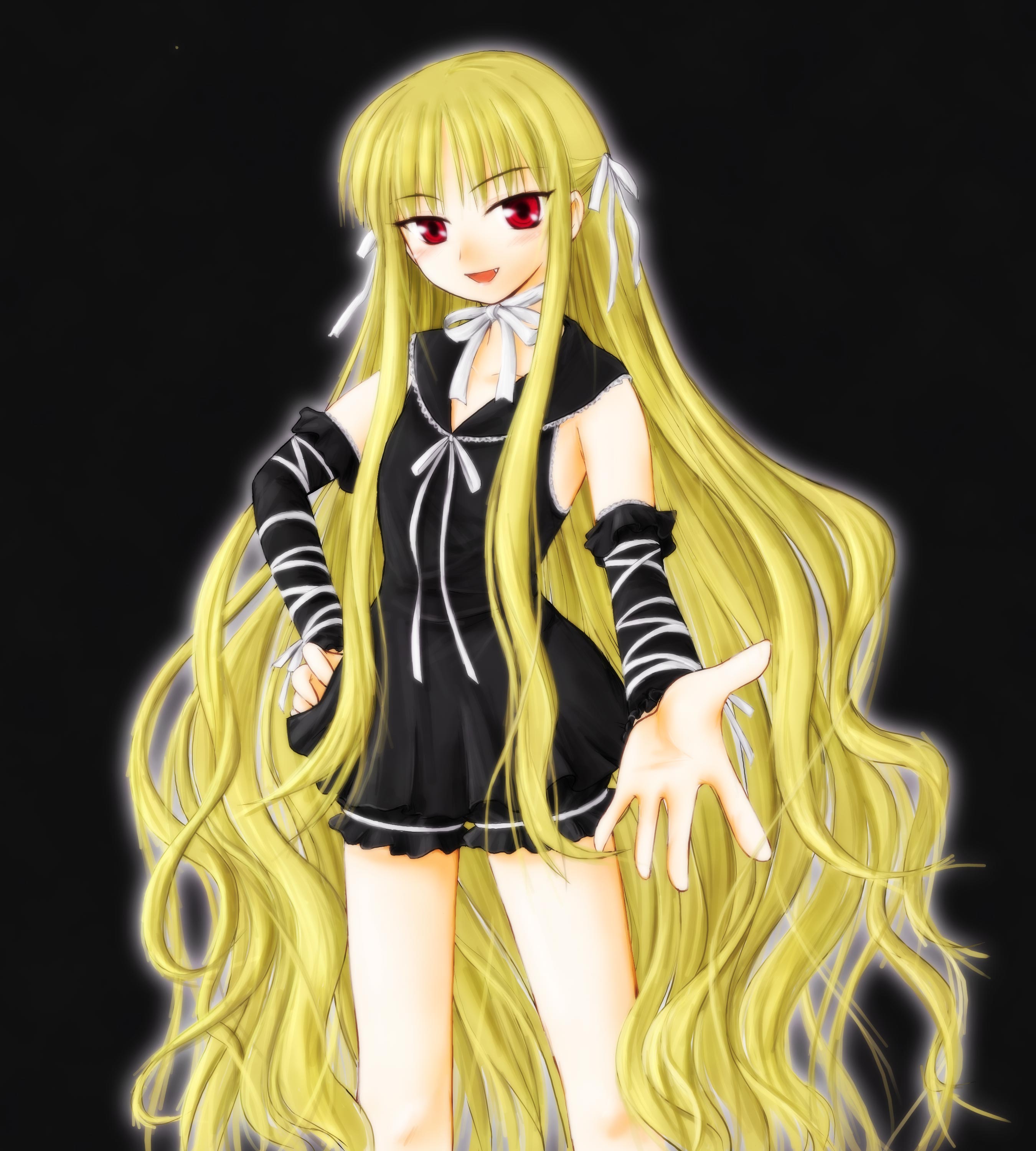 evangeline a.k. mcdowell, mahou sensei negima!, absurdres, highres, 00s, blonde hair, blush, fang, hand on own hip, hip focus, long hair, red eyes, ribbon, smile, solo, vampire, very long hair
