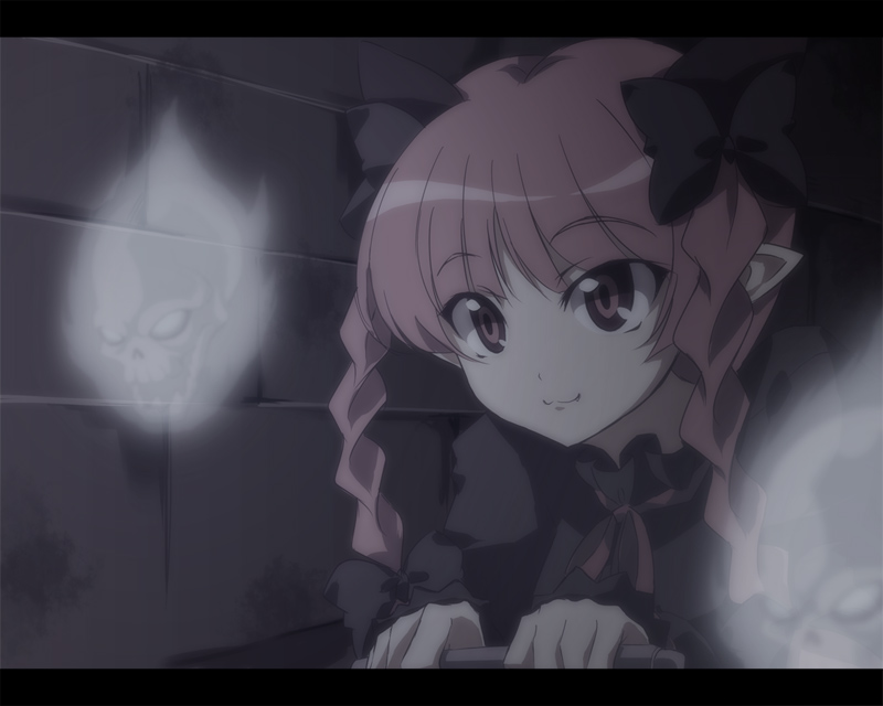 tooya, touya (the-moon), kaenbyou rin, touhou, 1girl, :3, animal ears, anime coloring, braid, cat ears, cat girl, dark, extra ears, fake screenshot, fang, female focus, floating skull, ghost, hair ribbon, letterboxed, monochrome, pointy ears, red eyes, red hair, ribbon, skull, solo, tunnel, twin braids, twintails