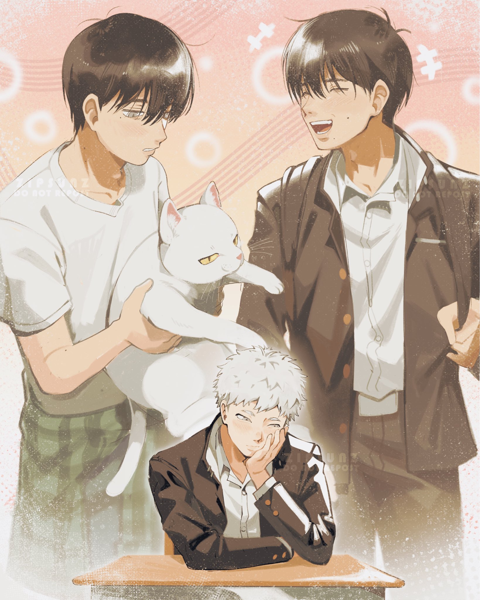 zipsunz, indou hikaru, tsujinaka yoshiki, hikaru ga shinda natsu, highres, animal, backpack, bag, black bag, black hair, buttons, cat, collared shirt, desk, gakuran, hand on own face, holding, holding animal, holding cat, jacket, menchi-aniki, mole, mole on cheek, mole under eye, mole under mouth, multiple moles, on desk, open clothes, open jacket, school desk, school uniform, shirt, shirt tucked in, short hair, sitting, teeth, upper teeth only, white hair, white shirt