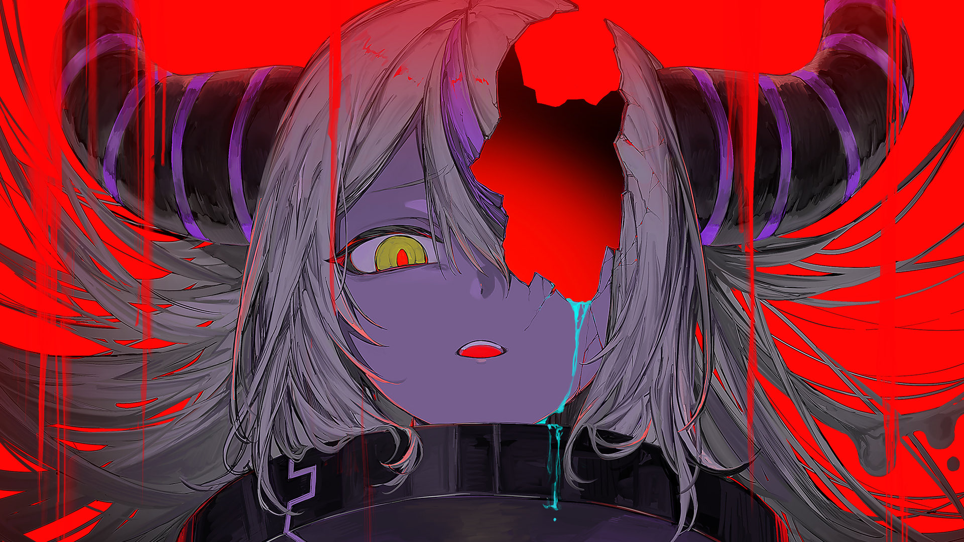 xoxzxox, la+ darknesss, la+ darknesss (1st costume), hololive, highres, official art, second-party source, 1girl, broken skin, collar, cracked skin, crumbling, demon horns, grey hair, hair between eyes, hole in face, hole in head, hollow body, horns, long hair, looking at viewer, marshmallow (vocaloid), metal collar, multicolored hair, open mouth, portrait, purple hair, red background, red pupils, solo, streaked hair, striped horns, tears, virtual youtuber, yellow eyes