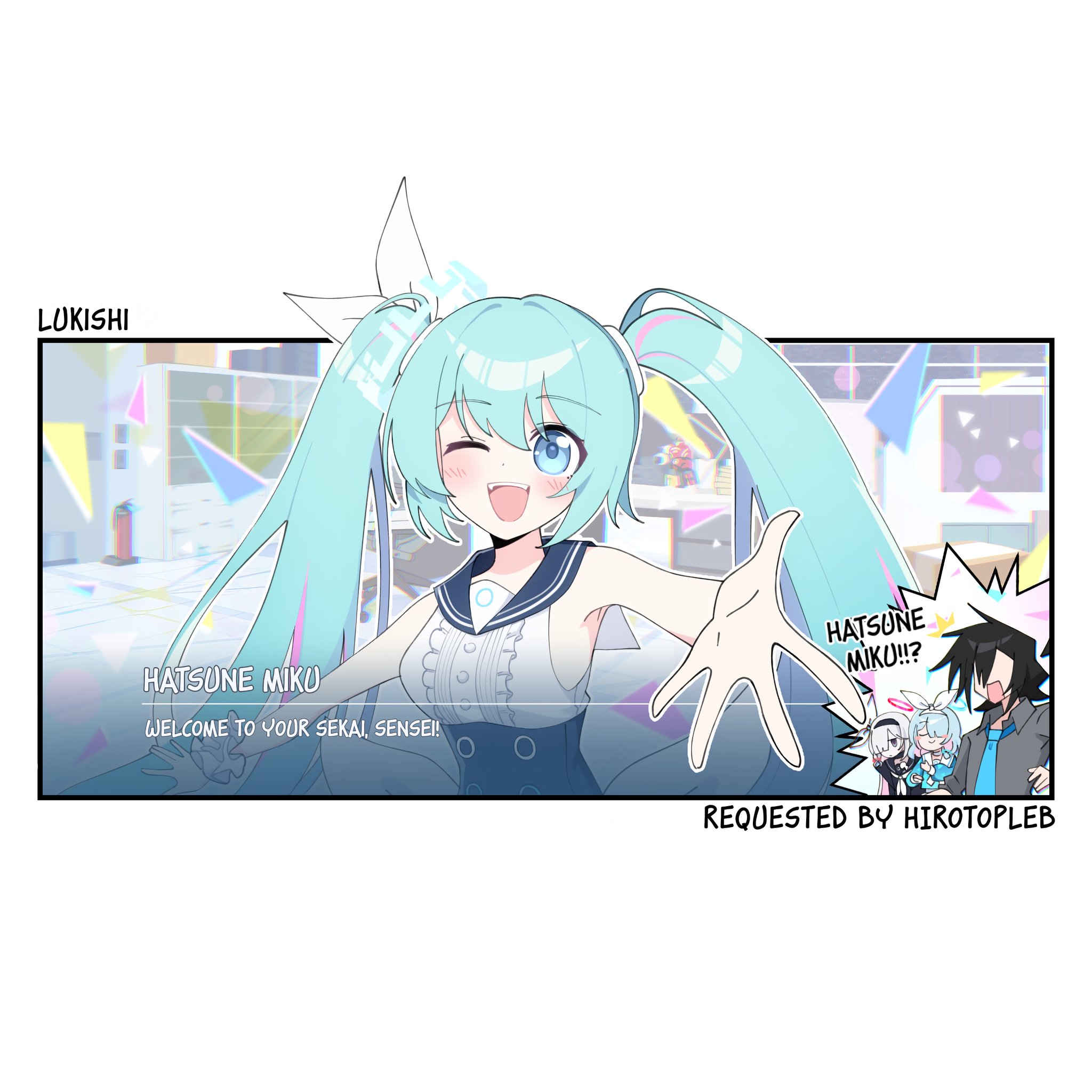 lukishi, arona (blue archive), hatsune miku, hatsune miku (blue archive), plana (blue archive), sensei (blue archive), blue archive, vocaloid, highres, aqua hair, black choker, black hairband, blue eyes, blue hair, blue sailor collar, braid, choker, colored inner hair, dress, hair between eyes, hair over one eye, hair ribbon, hairband, halo, long hair, long sleeves, multicolored hair, open mouth, pink hair, red halo, ribbon, sailor collar, school uniform, serafuku, short hair, single braid, sleeveless, sleeveless dress, smile, twintails, very long hair, white hairband
