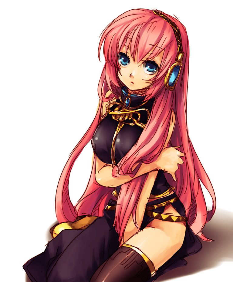 inpr, megurine luka, vocaloid, breast hold, bare shoulders, blue eyes, breasts, long hair, pink hair, sitting, solo, thighhighs, very long hair