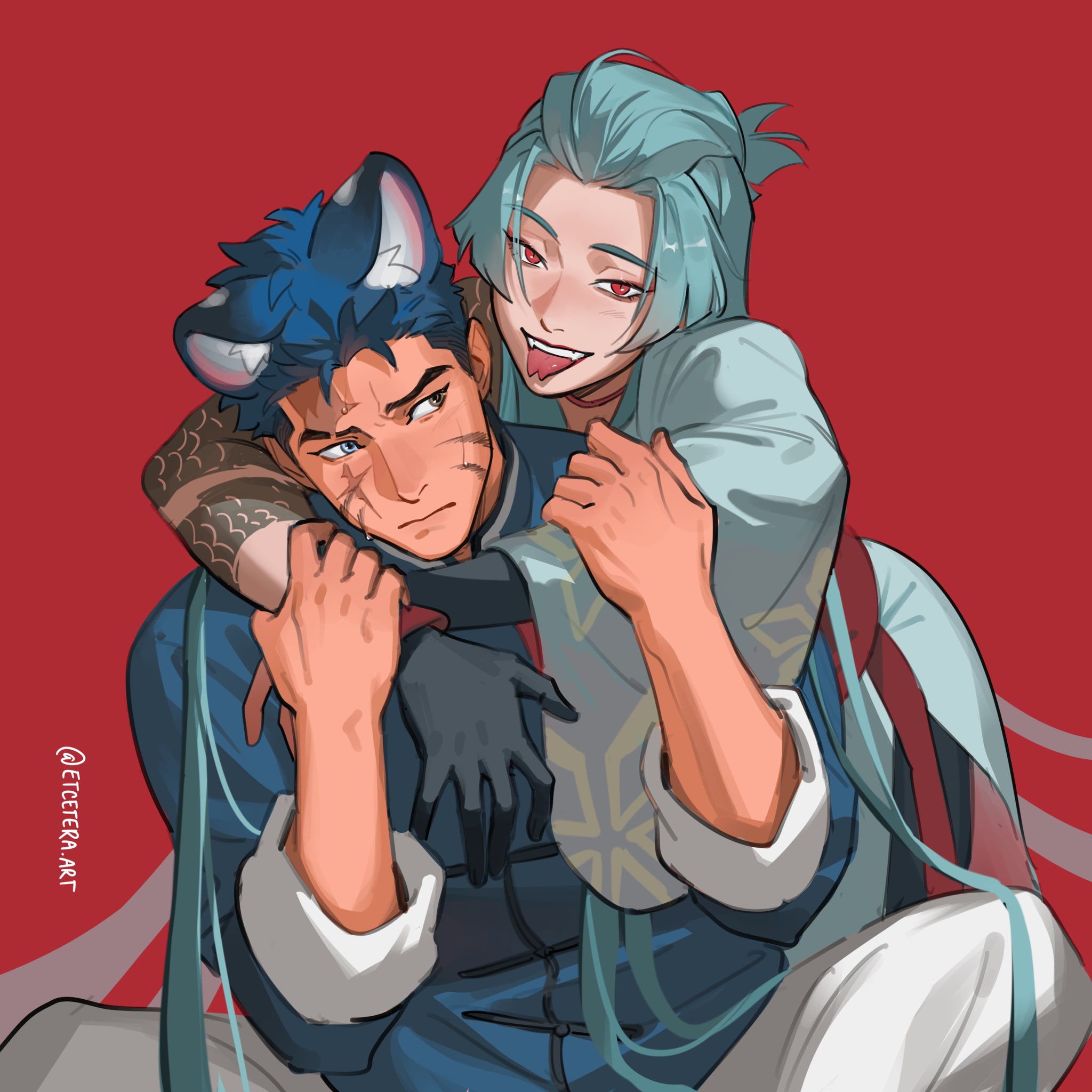 etceteraart, original, commentary, english commentary, highres, 1boy, 1girl, animal ear fluff, animal ears, aqua hair, arm around neck, arm tattoo, artist name, behind another, black gloves, blue eyes, brown eyes, brown hair, cat boy, cat ears, chinese clothes, chinese zodiac, eyebrow cut, forked tongue, gloves, heterochromia, long hair, long sleeves, looking at viewer, red background, red eyes, scar, scar on face, short hair, sideways glance, simple background, single glove, slit pupils, sweat, tattoo, teeth, tiger stripes, tongue, upper teeth only, wide sleeves, year of the snake, yu hai (etceteraart)