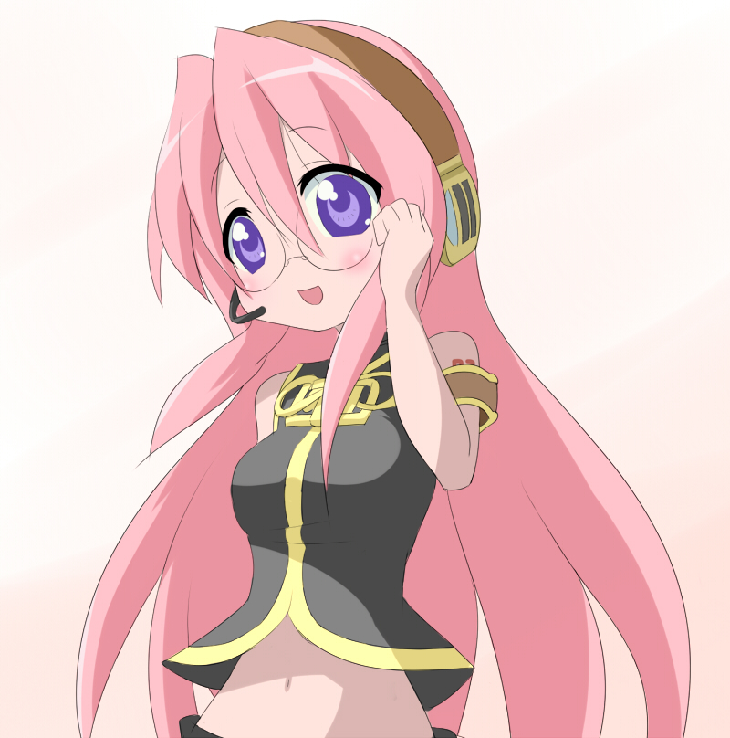 miko machi, megurine luka, takara miyuki, lucky star, vocaloid, cosplay, glasses, long hair, megurine luka (cosplay), midriff, navel, pink hair, purple eyes, solo