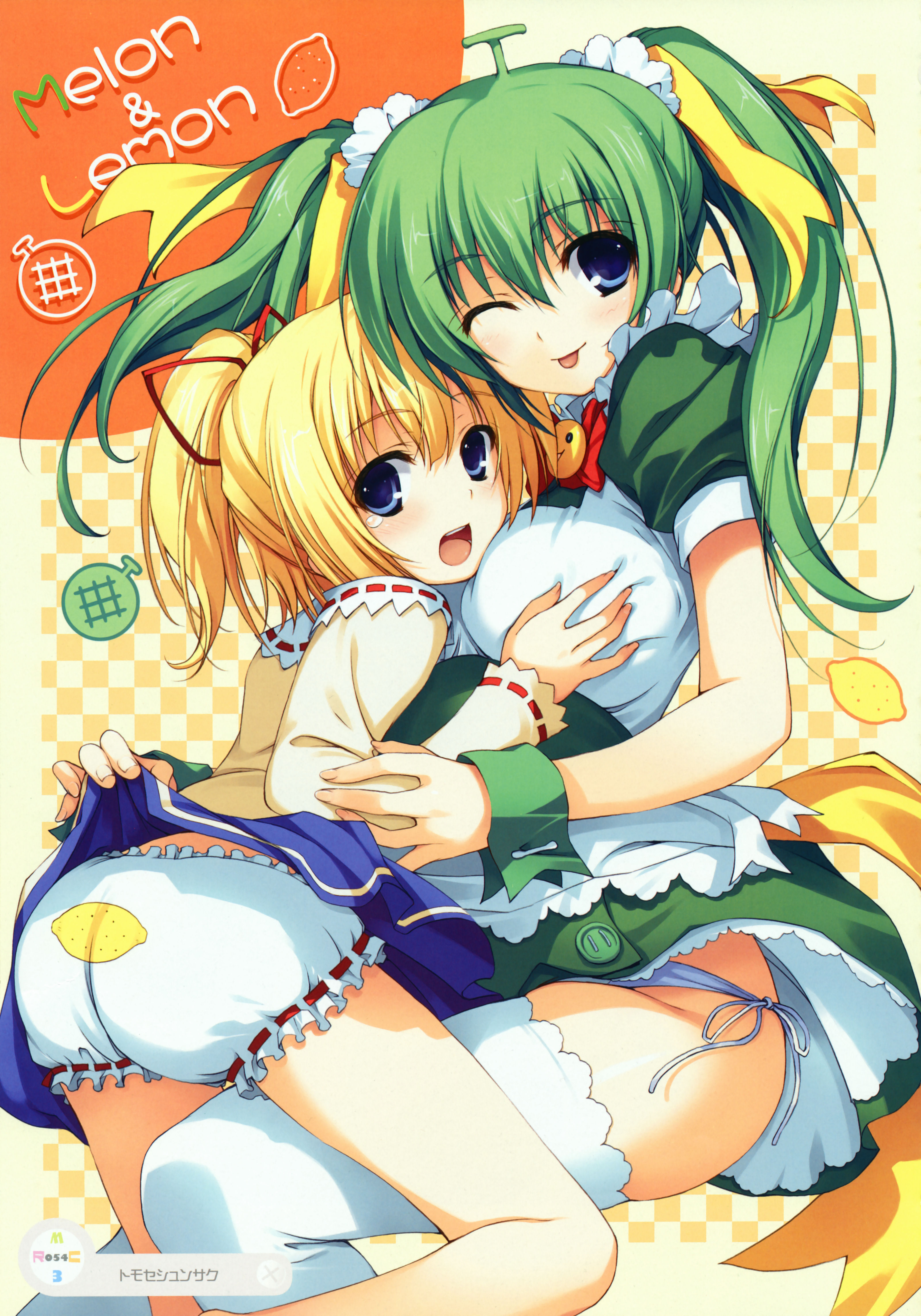 tomose shunsaku, lemon-chan, melon-chan, melonbooks, white legwear, absurdres, highres, 2girls, :p, blonde hair, bloomers, blue eyes, bow, breasts, fruit print, grabbing another's breast, green hair, groping, large breasts, lemon print, maid, multiple girls, one eye closed, panties, print bloomers, ribbon-trimmed clothes, ribbon trim, side-tie panties, thighhighs, tongue, tongue out, twintails, underwear, white panties, wink, yellow bow