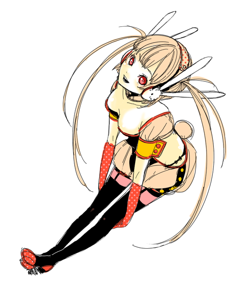 todoroki sora, original, bad id, bad pixiv id, 1girl, blonde hair, bunny headphones, female focus, headphones, red eyes, solo, thighhighs, twintails