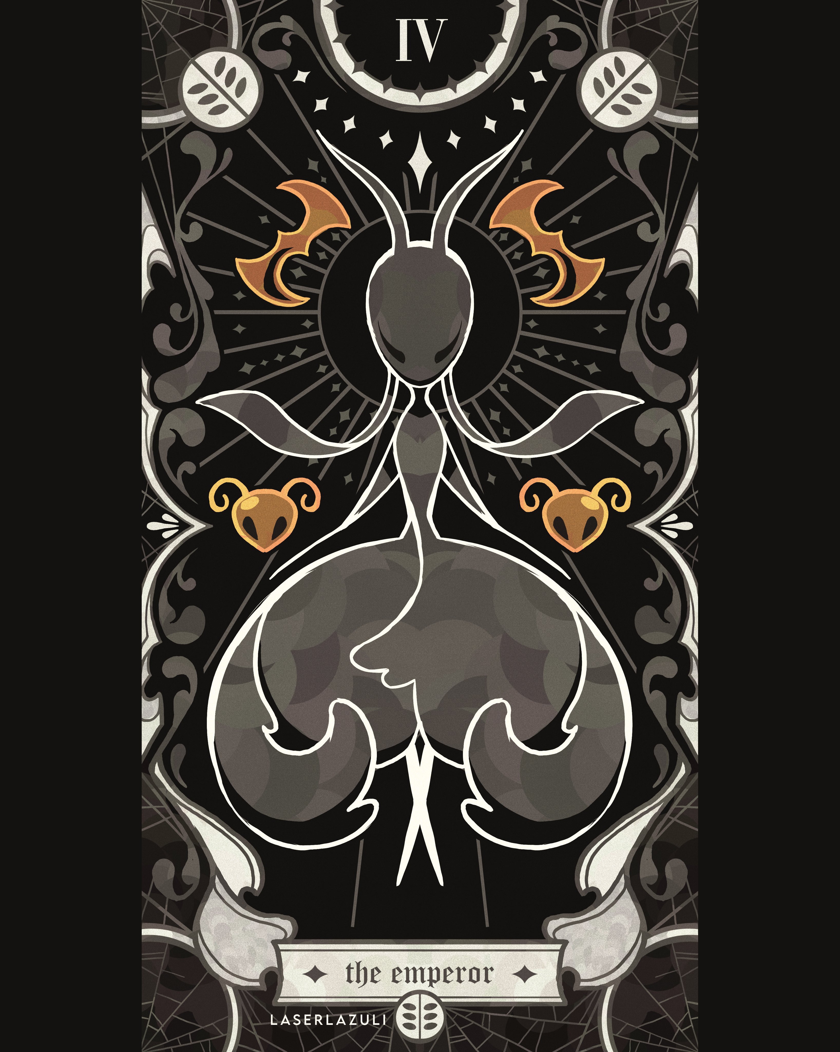laserlazuli, hollow knight, hollow knight: silksong, absurdres, commentary, english commentary, highres, 1girl, ant girl, antennae, arthropod girl, artist name, black skin, boomerang, card (medium), colored skin, dress, english text, full body, pillarboxed, silk, skarrsinger karmelita (hollow knight), solo, spider web, spot color, tarot, tarot (medium), the emperor (tarot), weapon