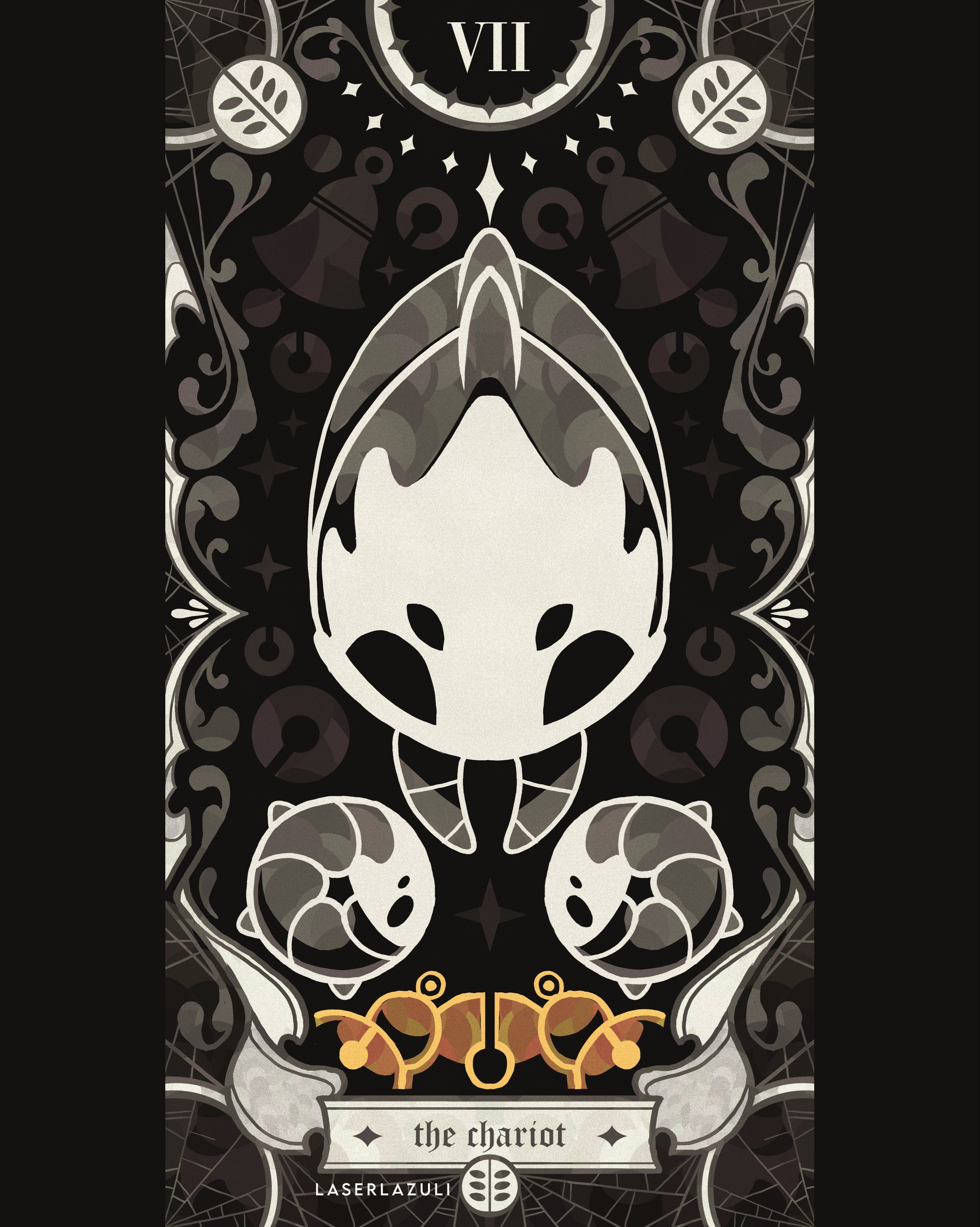 laserlazuli, bell beast (hollow knight), hollow knight, hollow knight: silksong, absurdres, commentary, english commentary, highres, artist name, baby animal, beastling (hollow knight), bug, card (medium), curled up, english text, full body, mask, monochrome, multiple legs, no humans, pillarboxed, silk, solo, spider web, spot color, tarot, tarot (medium), the chariot (tarot)