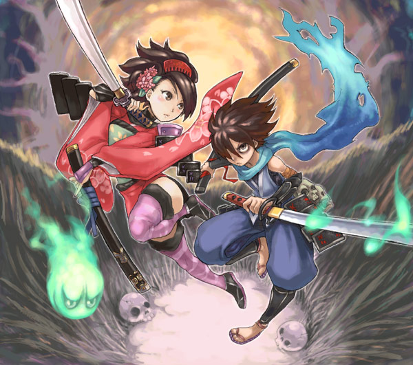 matsumoto tomoyohi, izuna jinkuro, jinkuro, kisuke, momohime, oboro muramasa, 1boy, 1girl, armor, battlefield, blush, brown eyes, brown hair, cherry blossoms, comb, field, fire, floral print, flower, gauntlets, ghost, grass, green fire, green flames, hair flower, hair ornament, hitodama, holding, holding sword, holding weapon, japanese armor, japanese clothes, katana, kimono, kote, kurokote, kusazuri, pale skin, sandals, scabbard, scarf, sheath, short kimono, shoulder armor, skull, sode, spirit, sun, suneate, sword, thighhighs, weapon, zettai ryouiki