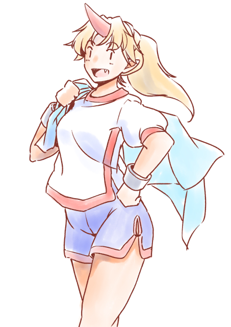 rangycrow, hoshiguma yuugi, touhou, 1girl, :d, adapted costume, blonde hair, breasts, fang, floating hair, hand on own hip, holding, holding towel, horns, looking at viewer, medium breasts, official alternate hairstyle, open mouth, pointy ears, ponytail, raised eyebrows, shorts, single horn, smile, solo, thighs, towel, towel on one shoulder, walking, white background, | |