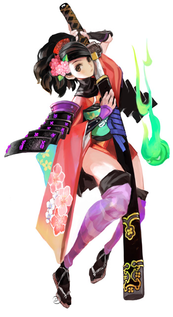 shigatake, izuna jinkuro, jinkuro, momohime, oboro muramasa, striped legwear, official art, armor, black hair, brown eyes, cherry blossoms, comb, floral print, flower, gauntlets, ghost, hair flower, hair ornament, hitodama, holding, holding sword, holding weapon, japanese armor, japanese clothes, katana, kimono, kote, kurokote, pale skin, sandals, sheath, short kimono, shoulder armor, simple background, sode, spirit, sword, thighhighs, unsheathing, weapon, zettai ryouiki