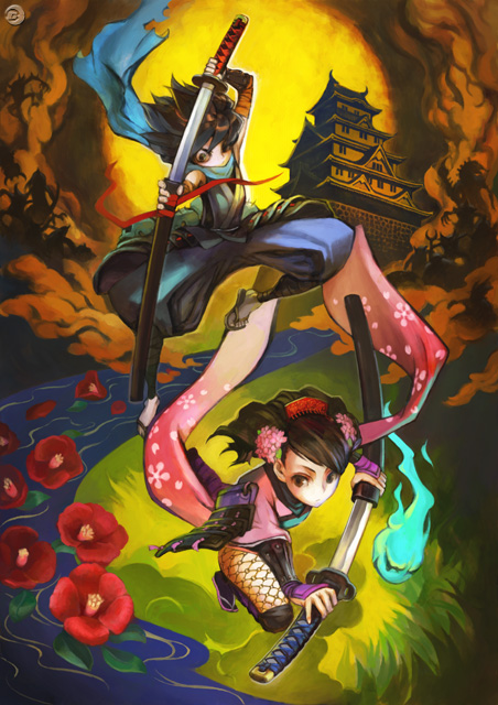 izuna jinkuro, jinkuro, kisuke, momohime, oboro muramasa, official art, 1boy, 1girl, architecture, armor, black hair, brown eyes, camellia, castle, cherry blossoms, cloud, comb, demon, east asian architecture, field, fishnets, floral print, flower, gauntlets, ghost, grass, hair flower, hair ornament, hitodama, holding sword, japanese armor, japanese clothes, katana, kimono, kote, kurokote, kusazuri, long hair, pagoda, pale skin, river, sandals, scarf, sheath, short kimono, shoulder armor, sode, spirit, stream, sun, sword, thighhighs, tower, unsheathing, water, watermark, weapon