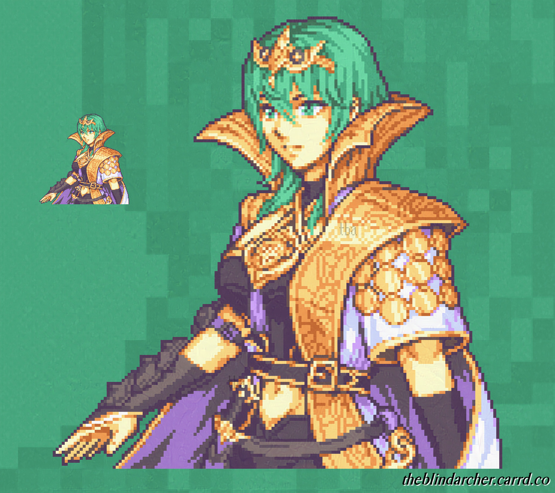 theblindarcher, female byleth (awakened) (fire emblem), female byleth (enlightened one) (fire emblem), female byleth (fire emblem), fire emblem, fire emblem: three houses, fire emblem heroes, nintendo, highres, 1girl, cape, green eyes, green hair, medium hair, official alternate costume, pixel art, solo, tiara