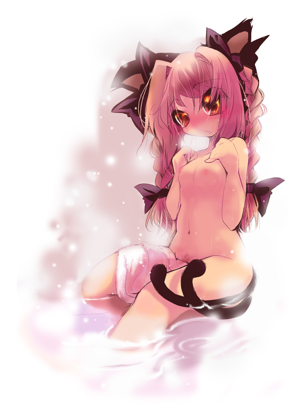 usoneko, kaenbyou rin, touhou, bad id, bad pixiv id, 1girl, animal ears, blush, braid, breasts, cat ears, cat girl, cat tail, female focus, female pubic hair, flat chest, long hair, nude, onsen, pubic hair, pubic hair peek, red eyes, red hair, ribbon, solo, tail