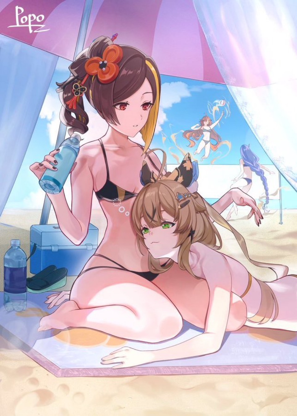 popo (mochimai275642), chiori (genshin impact), kirara (genshin impact), mavuika (genshin impact), raiden shogun, genshin impact, commentary request, highres, jpeg artifacts, 4girls, :3, alternate costume, animal ears, asymmetrical sidelocks, ball, beach, beachball, bikini, blonde hair, brown hair, cat ears, drill hair, drill ponytail, green eyes, hair ornament, hair stick, long hair, multicolored hair, multiple girls, red eyes, sidelocks, swimsuit