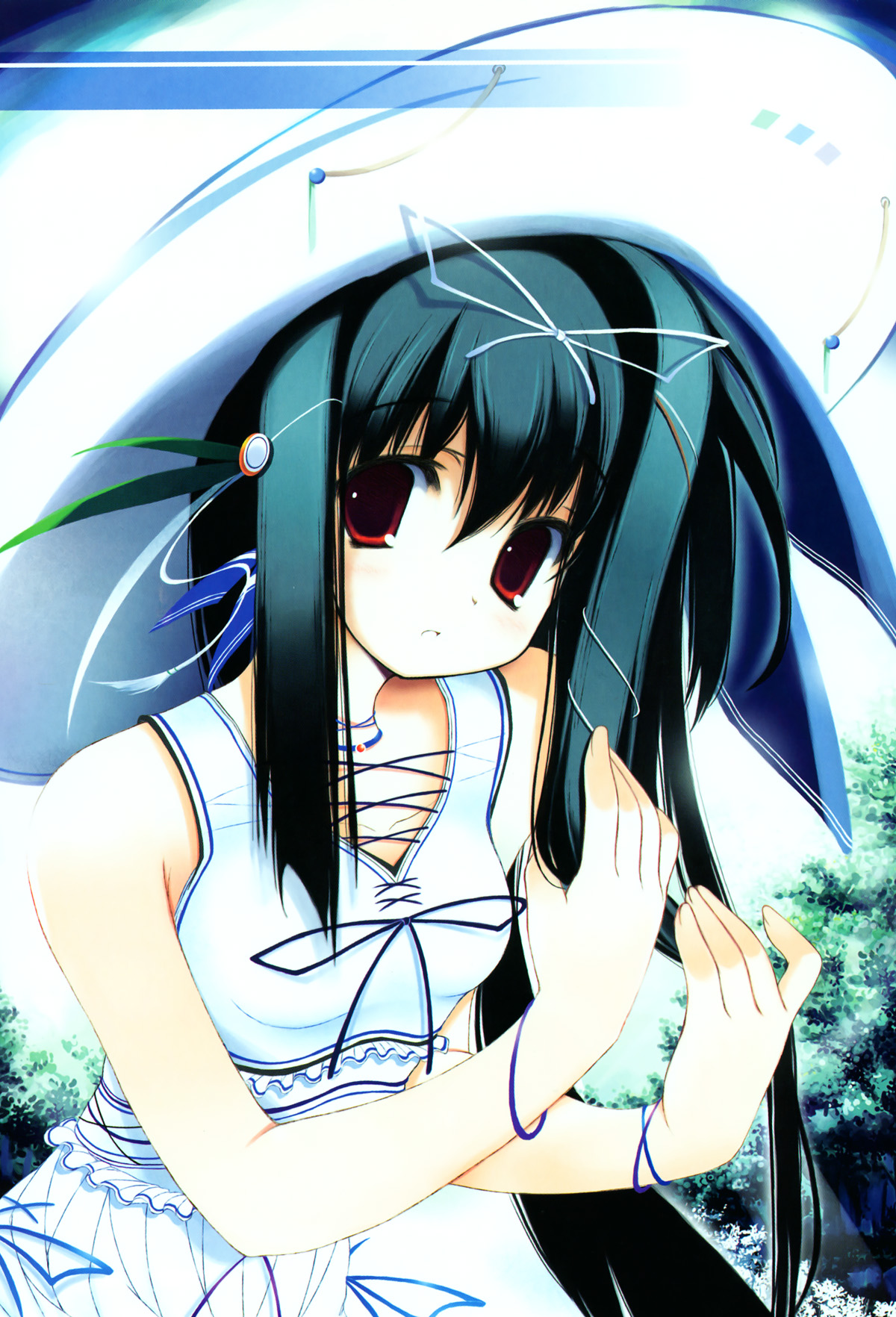tenmu shinryuusai, highres, tagme, blue hair, red eyes, ribbon, solo, tree